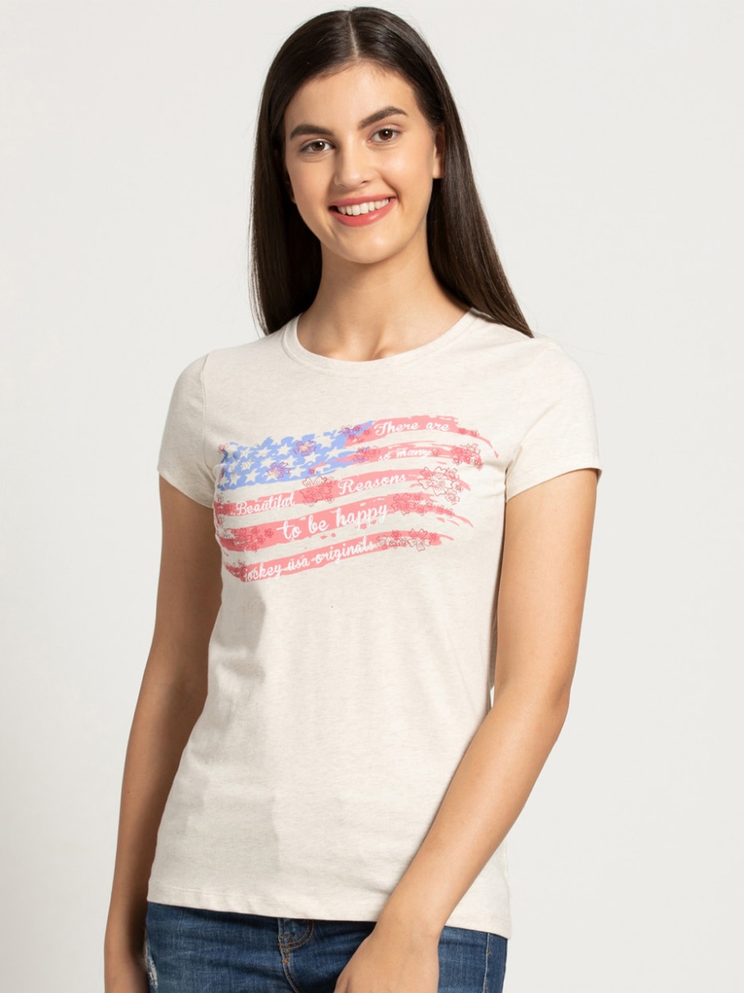 

Jockey Women Plus Size Cream Graphic Printed Regular Fit Cotton Winter T-shirt