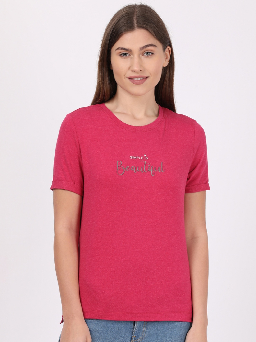 

Jockey Women Pink Typography Printed Regular Fit T-shirt