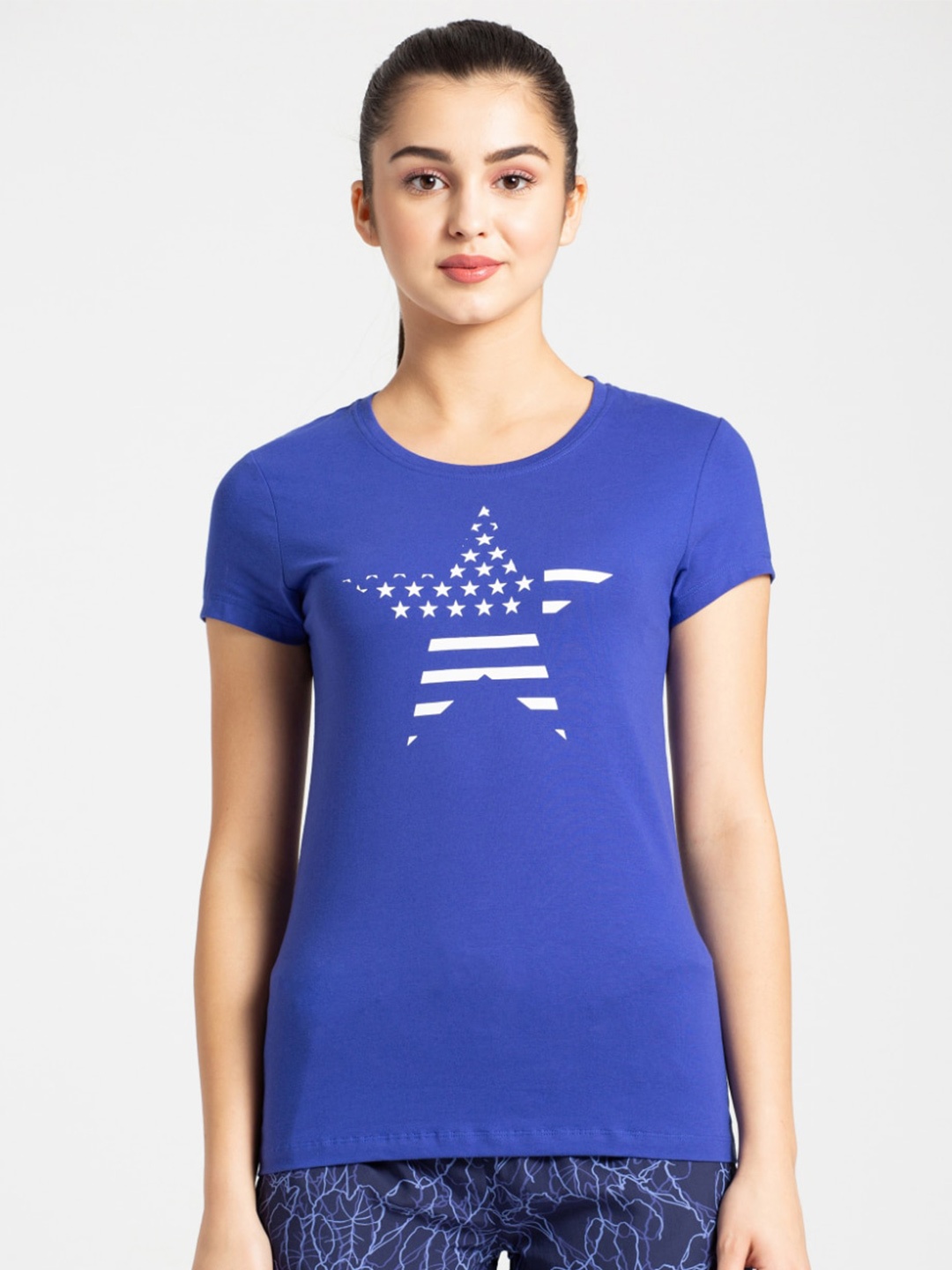 

Jockey Women Blue Printed Extended Sleeves T-shirt