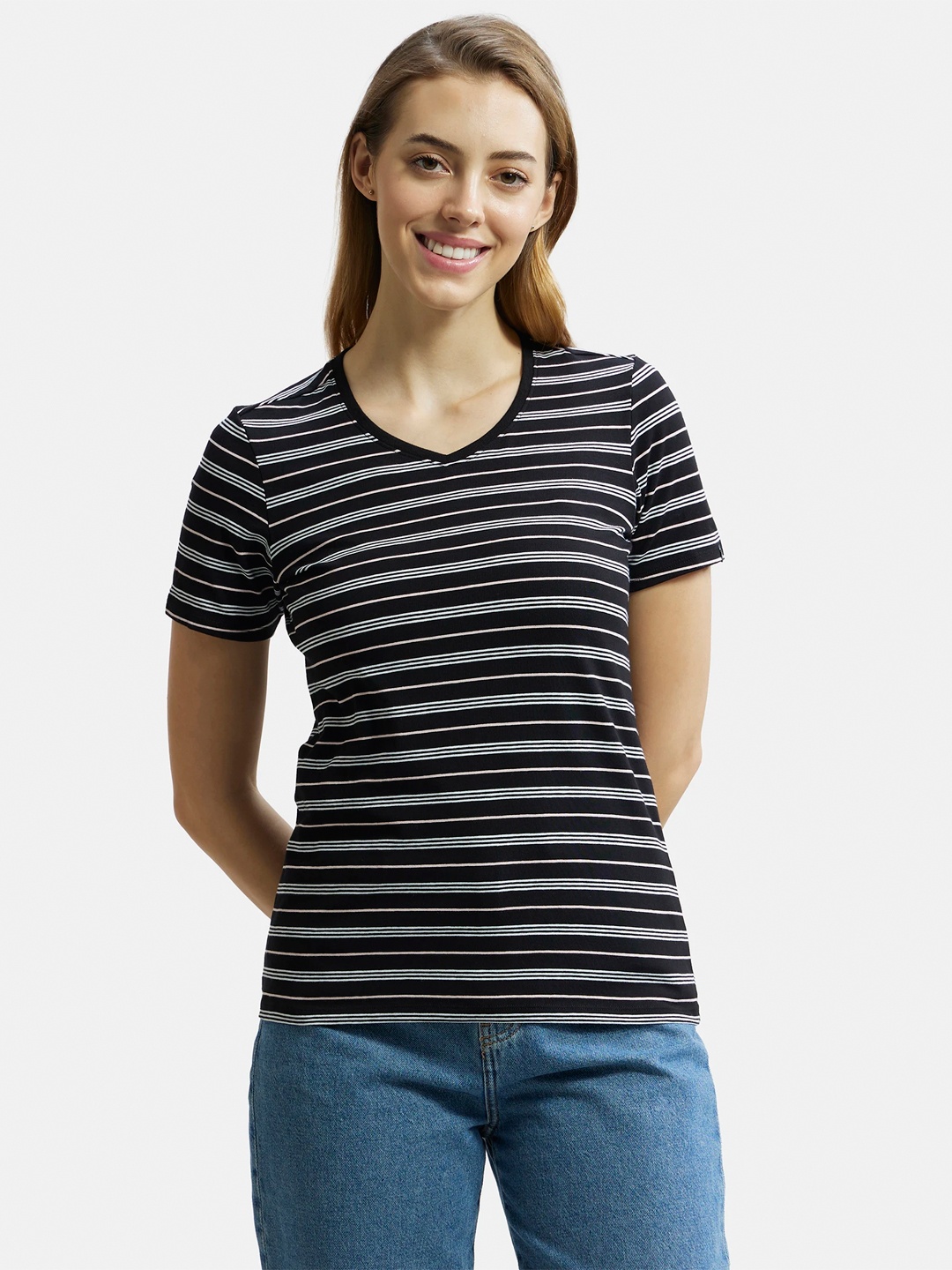 

Jockey Super Combed Cotton Regular Fit Yarn Dyed Striped V Neck Half Sleeve T-shirt - AW22, Black