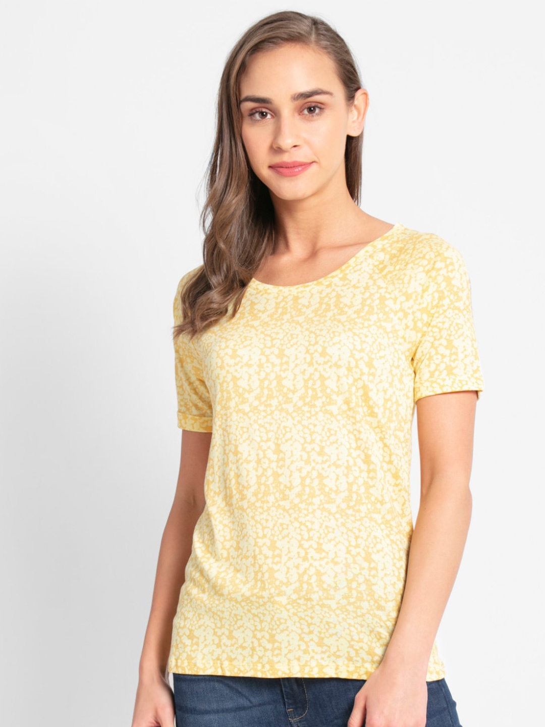 

Jockey Women Yellow & White Floral Printed Raw Edge T-shirt