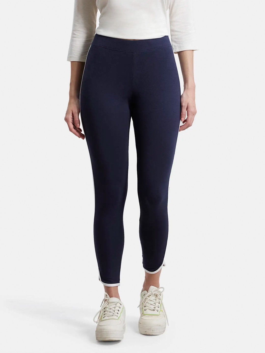 

Jockey Super Combed Cotton Stretch Leggings with Contrast Side Piping-AW73, Navy blue