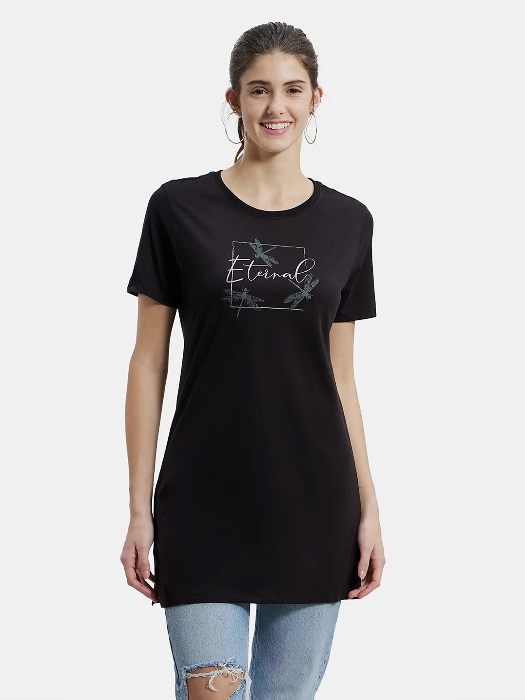 

Jockey Women Black Printed Applique T-shirt