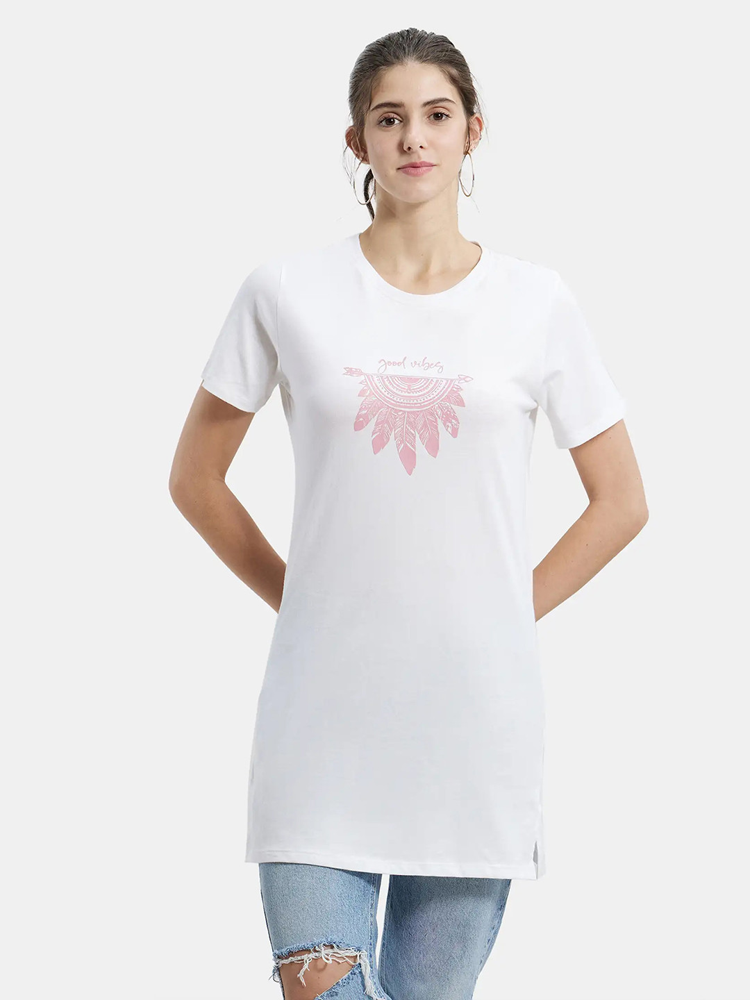 

Jockey Women White Assorted Print Longline Cotton T-shirt