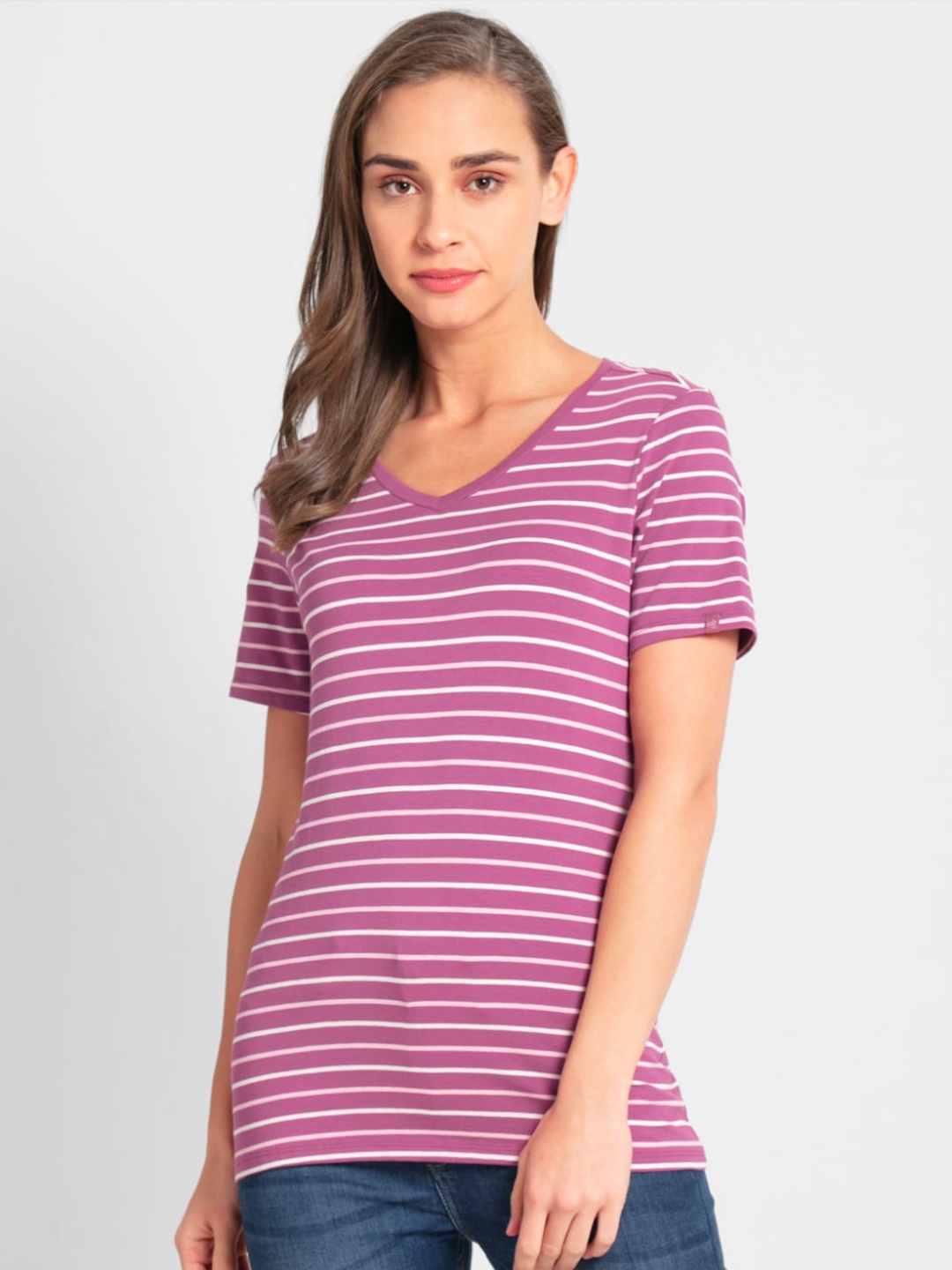 

Jockey Women Purple Striped V-Neck Cotton T-shirt