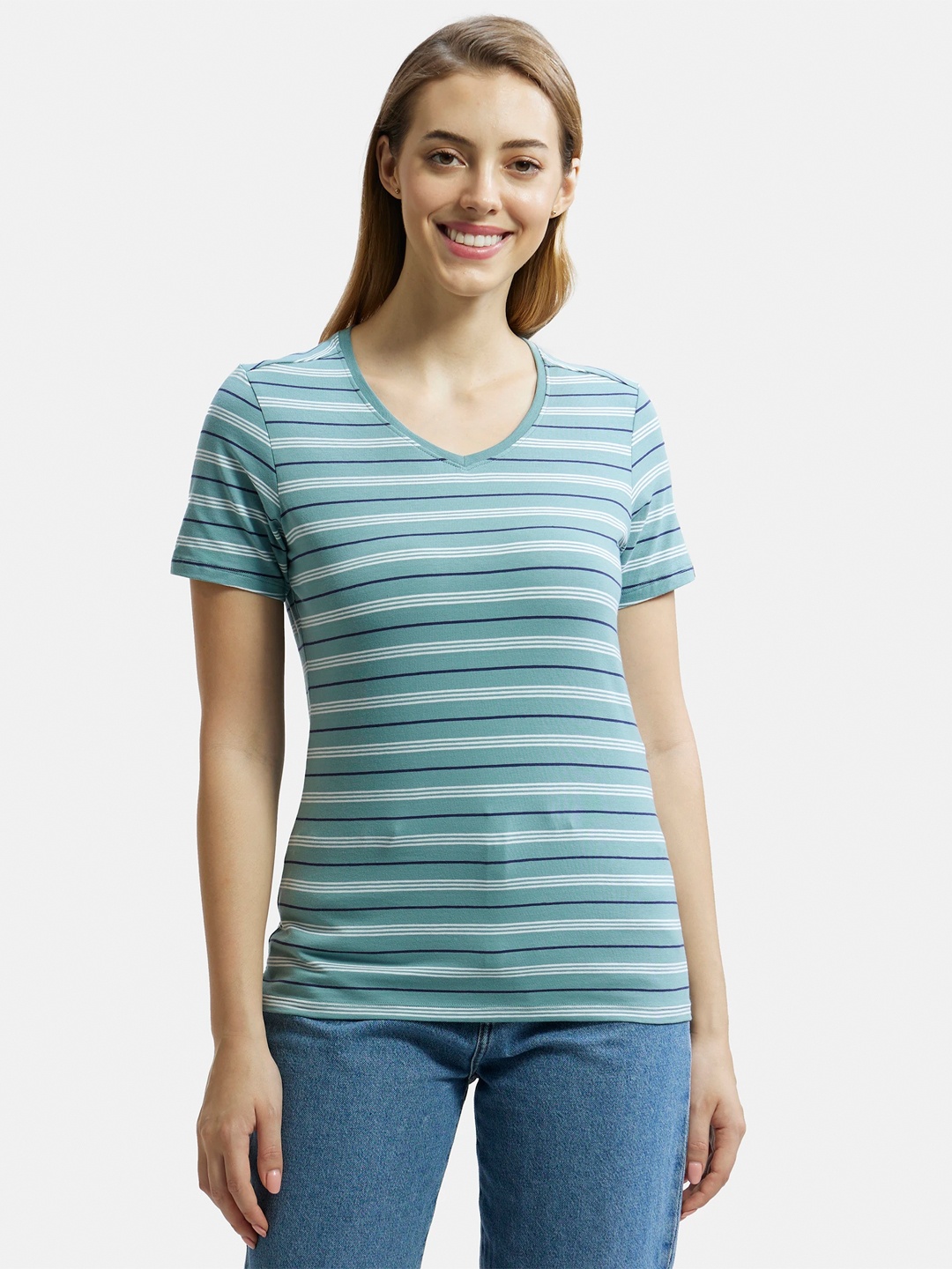 

Jockey Super Combed Cotton Regular Fit Yarn Dyed Striped V Neck Half Sleeve Tshirt-AW22, Green