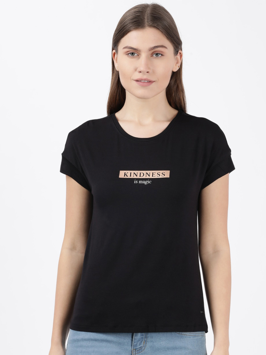 

Jockey Women Black Typography Printed Extended Sleeves T-shirt