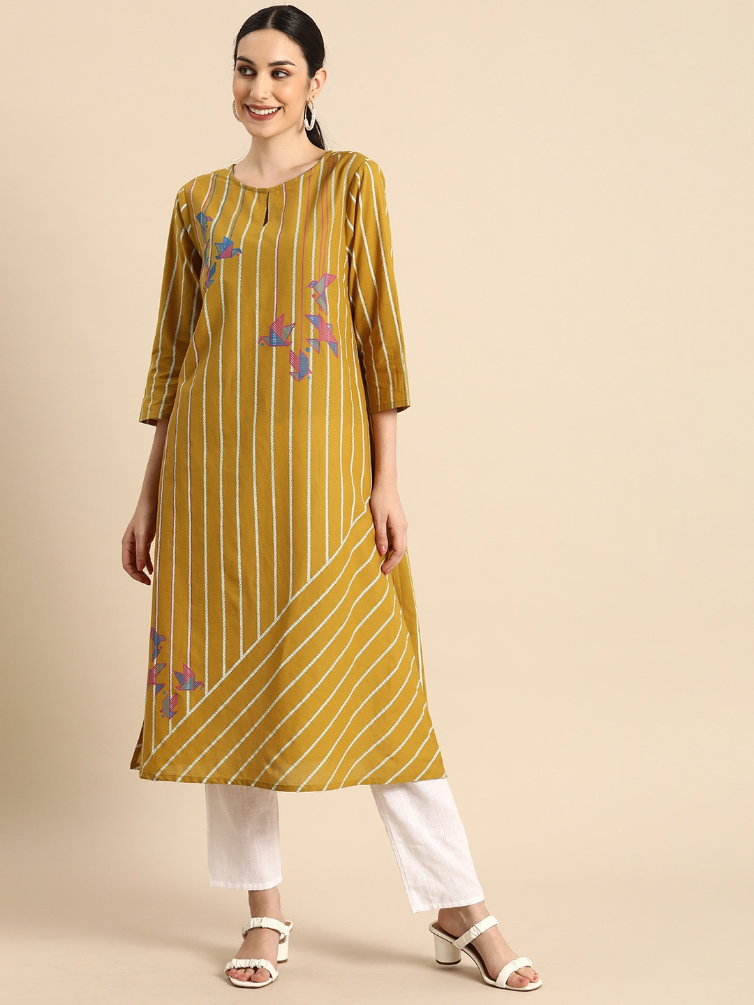 

Anouk Women Mustard Yellow & White Striped Kurta