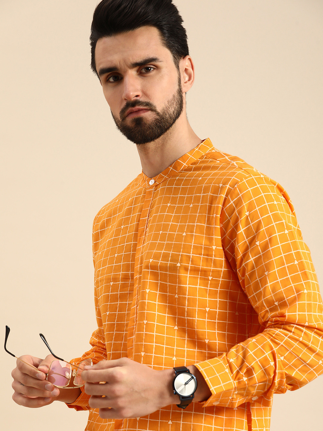 

Anouk Men Yellow & White Checked Pure Cotton Kurta