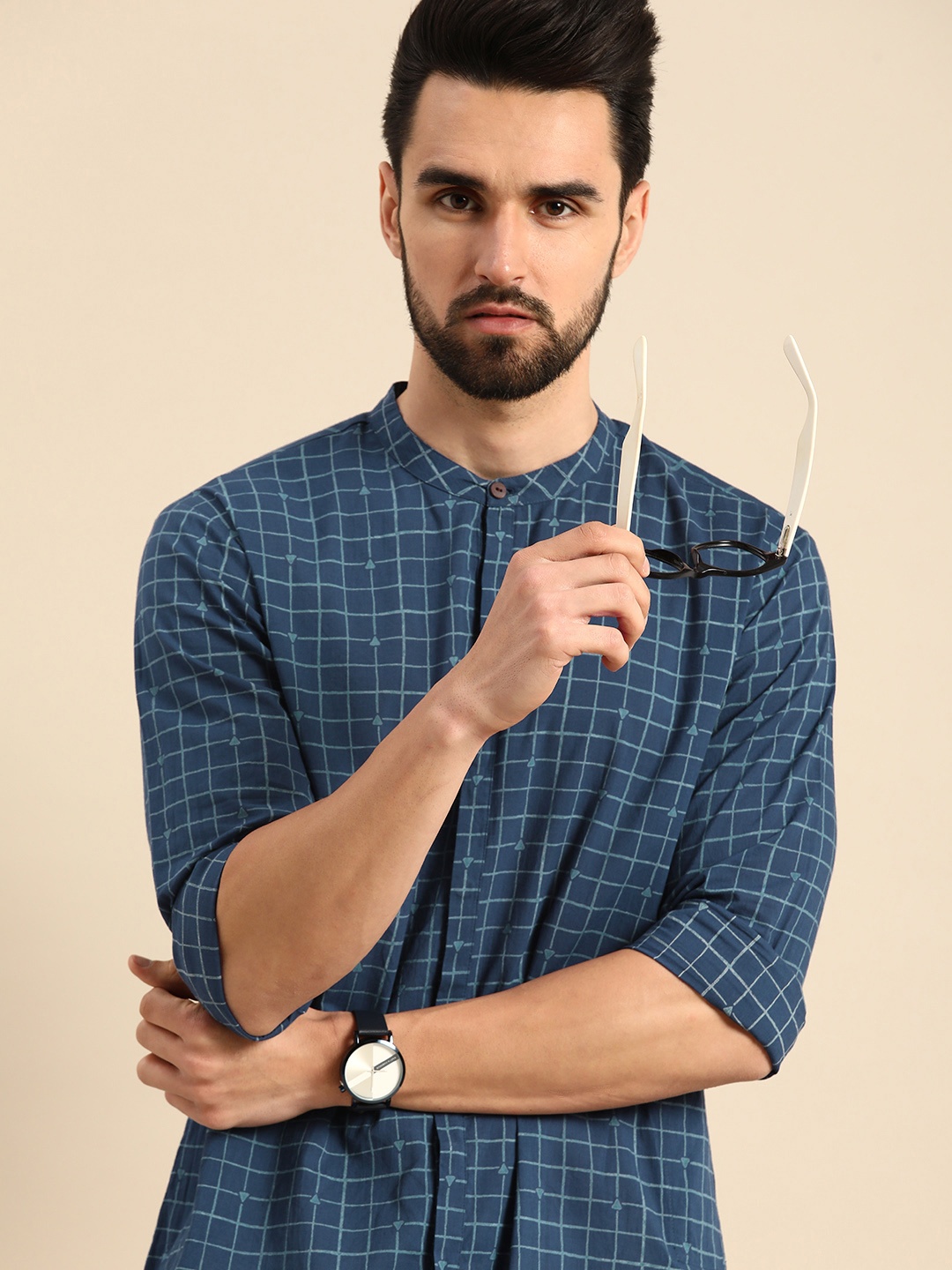 

Anouk Men Navy Blue Checked Pure Cotton Kurta