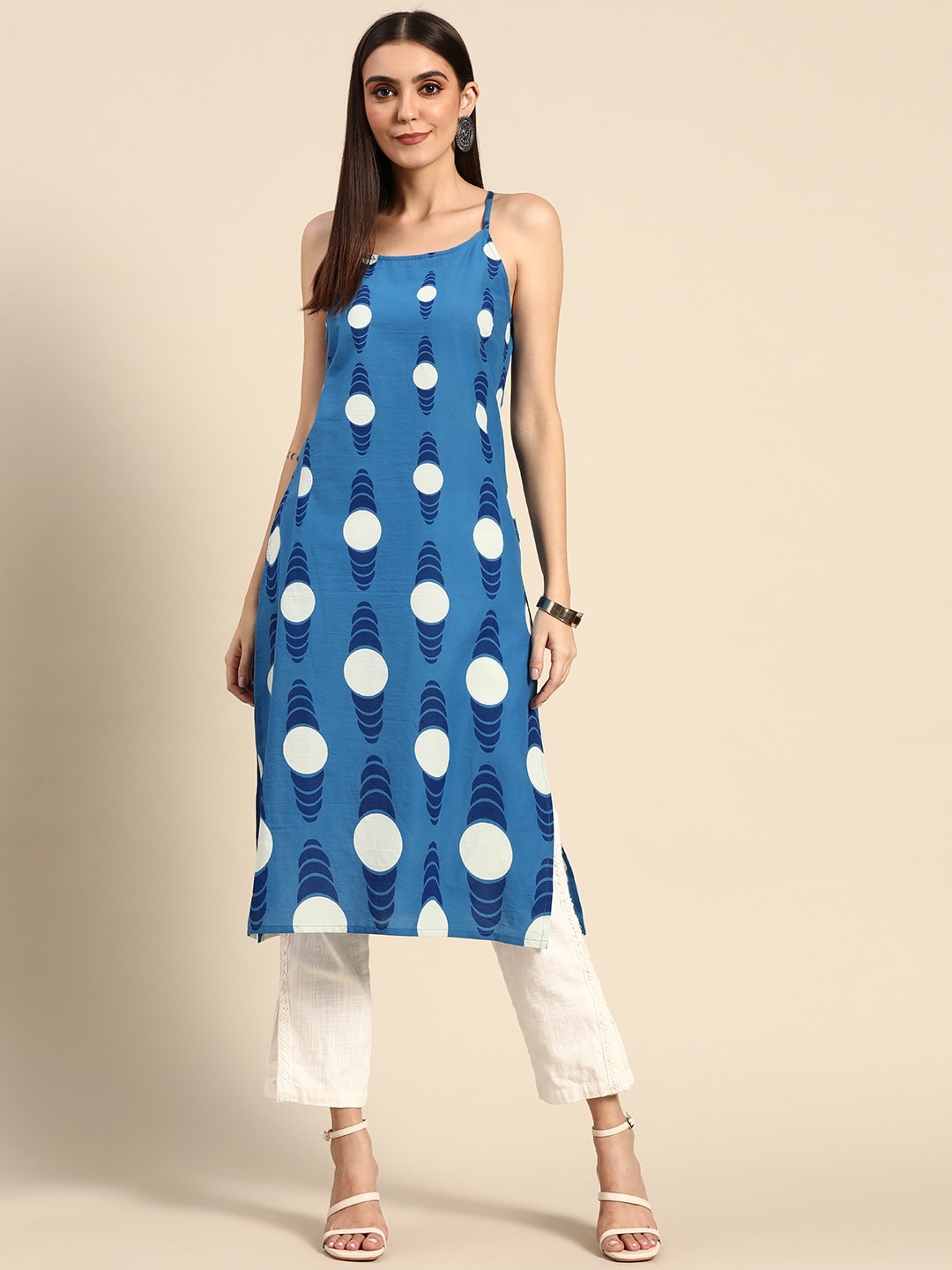 

Anouk Women Navy Blue & Blue Geometric Printed Pure Cotton Straight Kurta