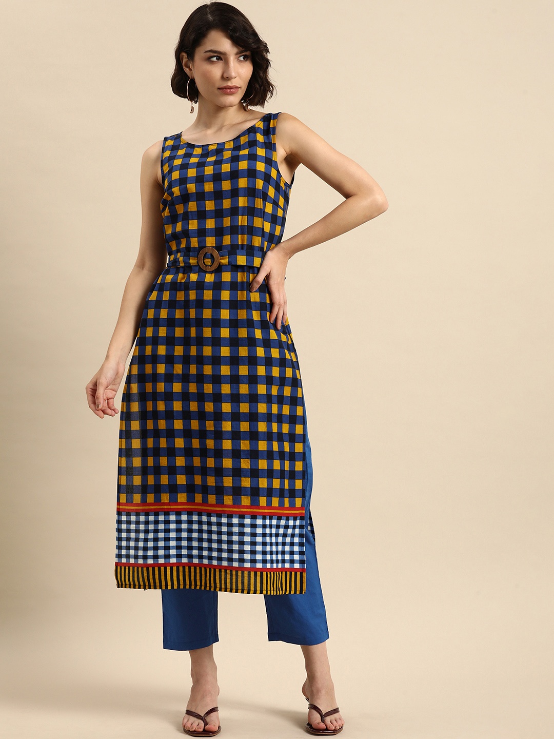 

Anouk Women Blue Checked Pure Cotton Kurta with Trousers