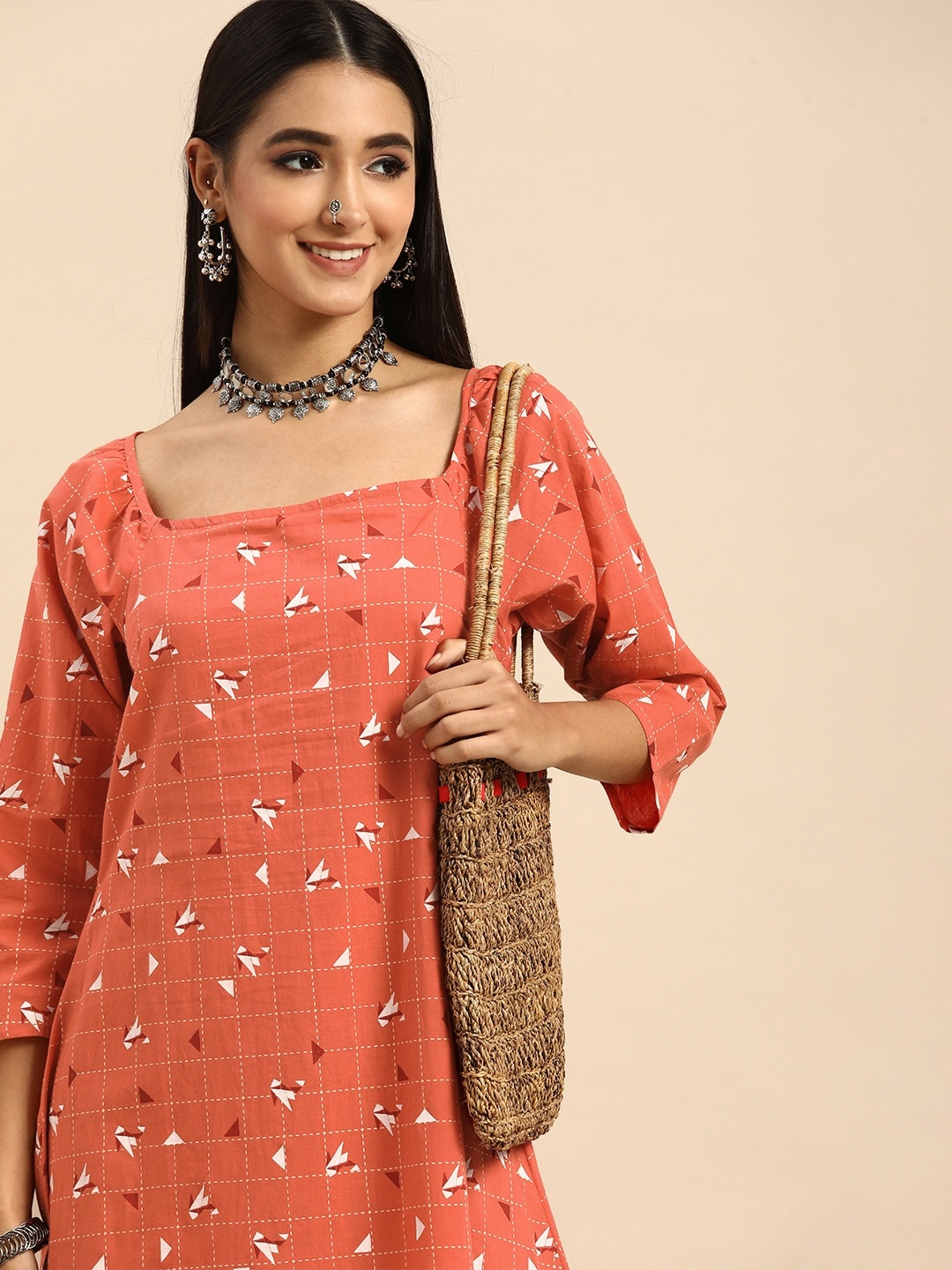 

Anouk Orange & White Ethnic A-Line Midi Dress