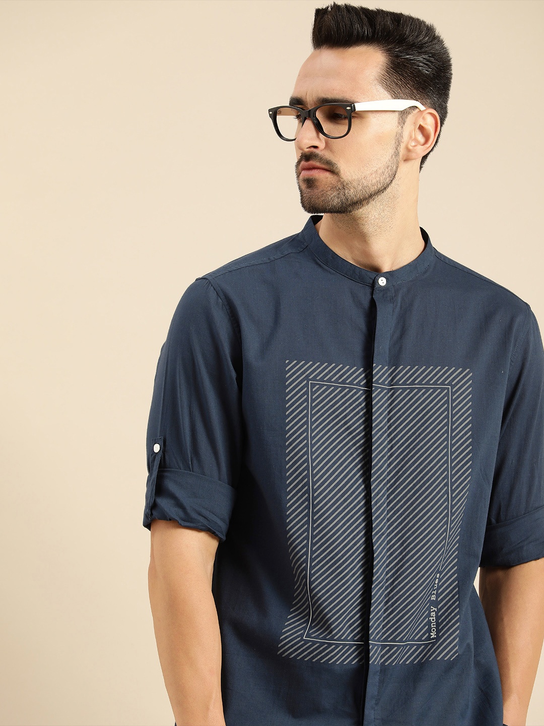 

Anouk Men Navy Blue Multi Striped Pure Cotton Casual Shirt