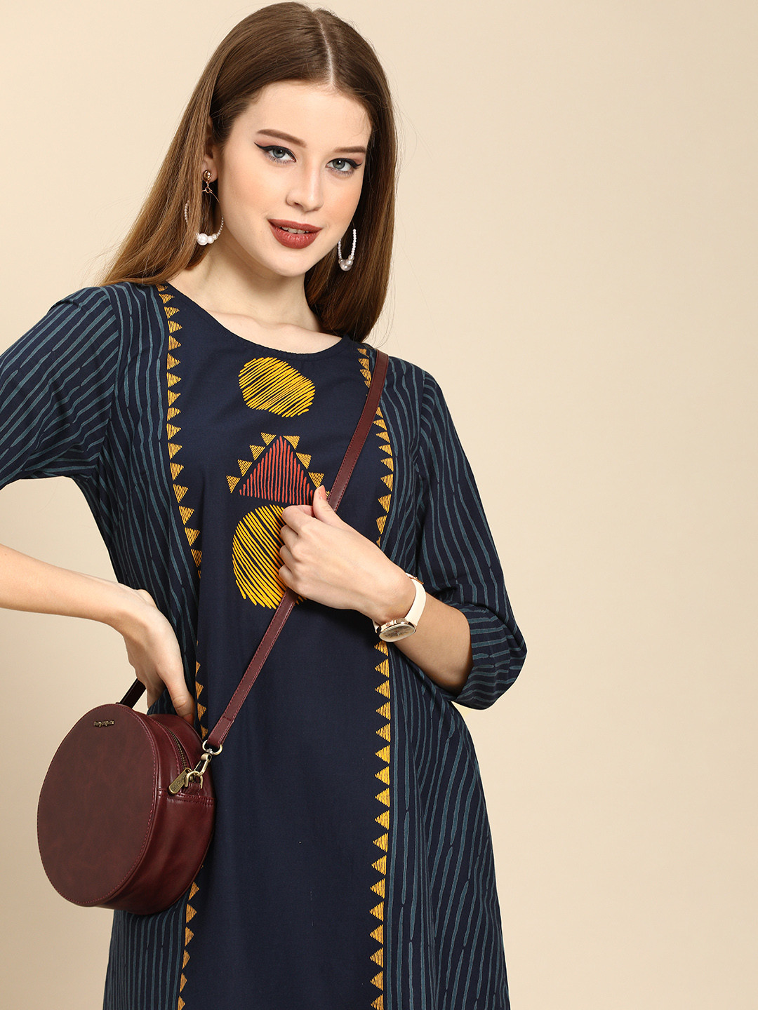 

Anouk Women Navy Blue Ethnic Pure Cotton A-Line Dress