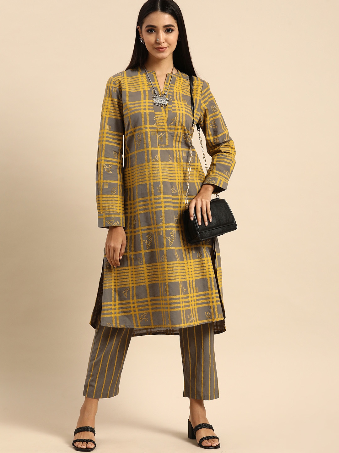 

Anouk Women Yellow & Grey Pure Cotton Kurta with Trousers