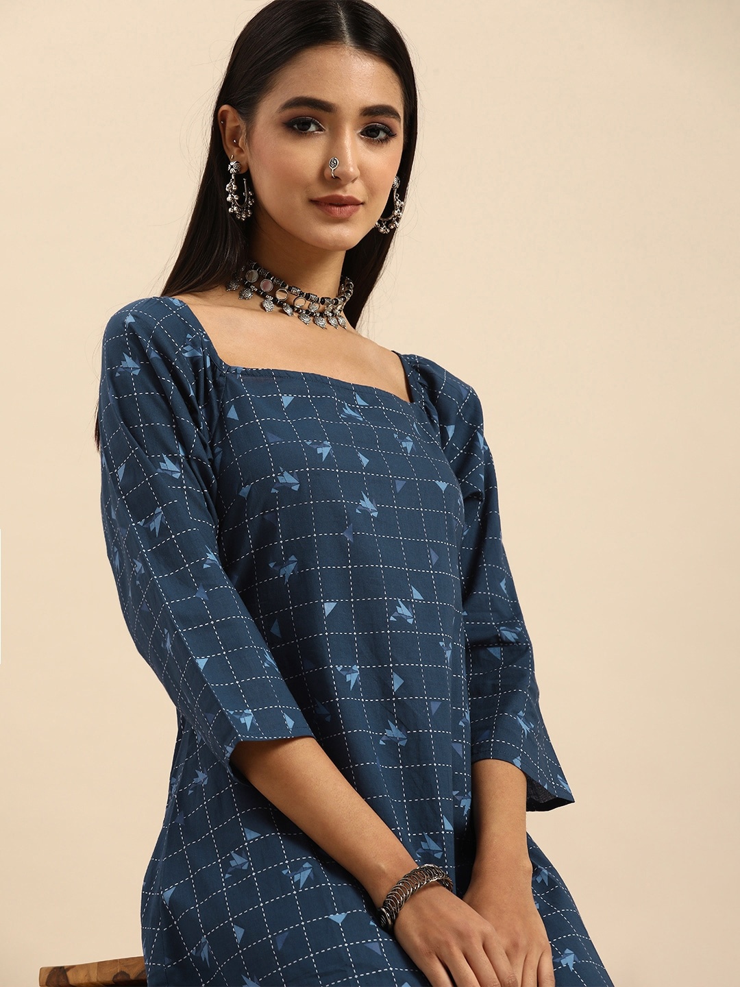 

Anouk Blue & White Ethnic A-Line Midi Ethnic Dress