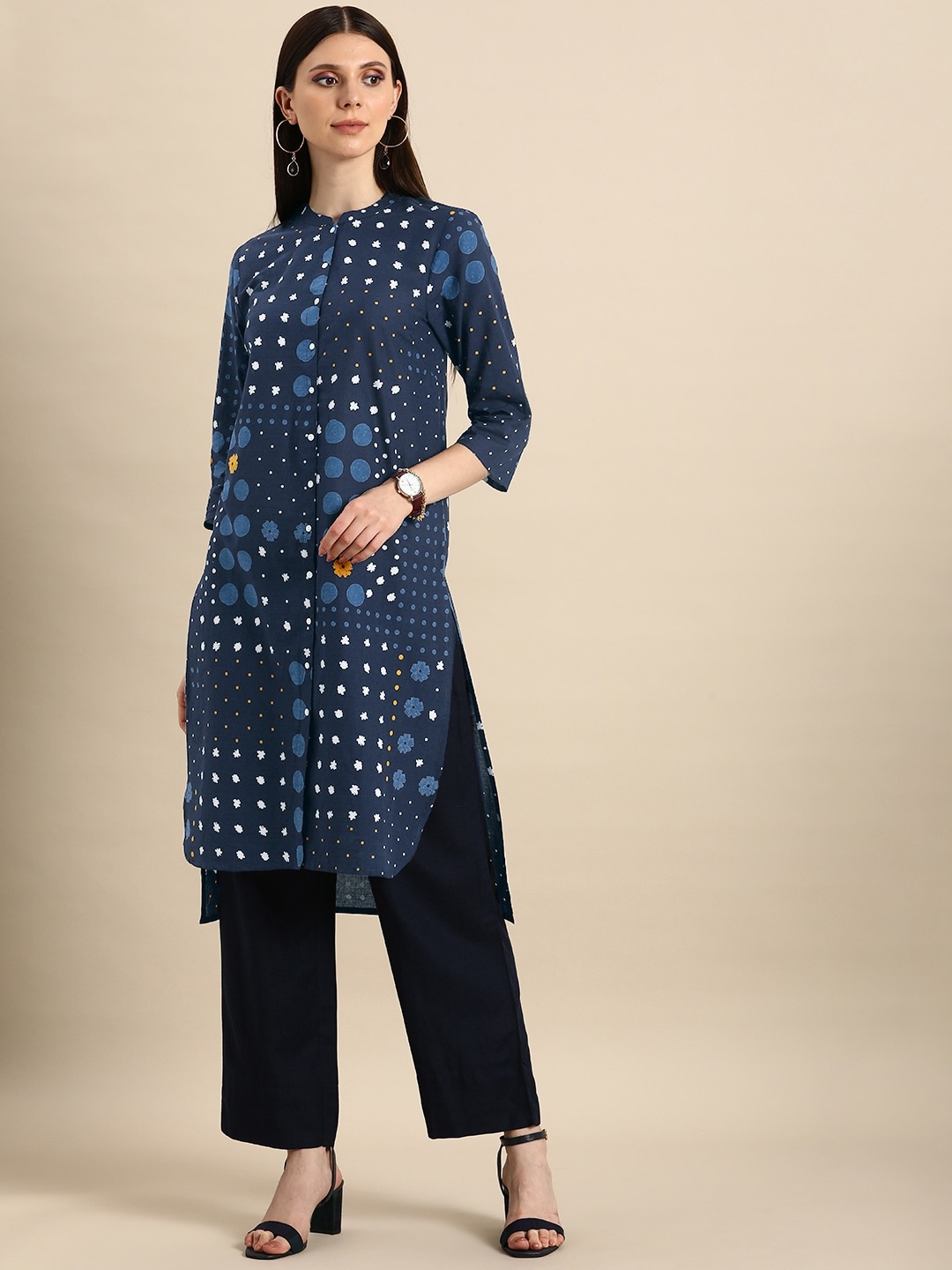 

Anouk Women Navy Blue Geometric Printed Pure Cotton Kurta