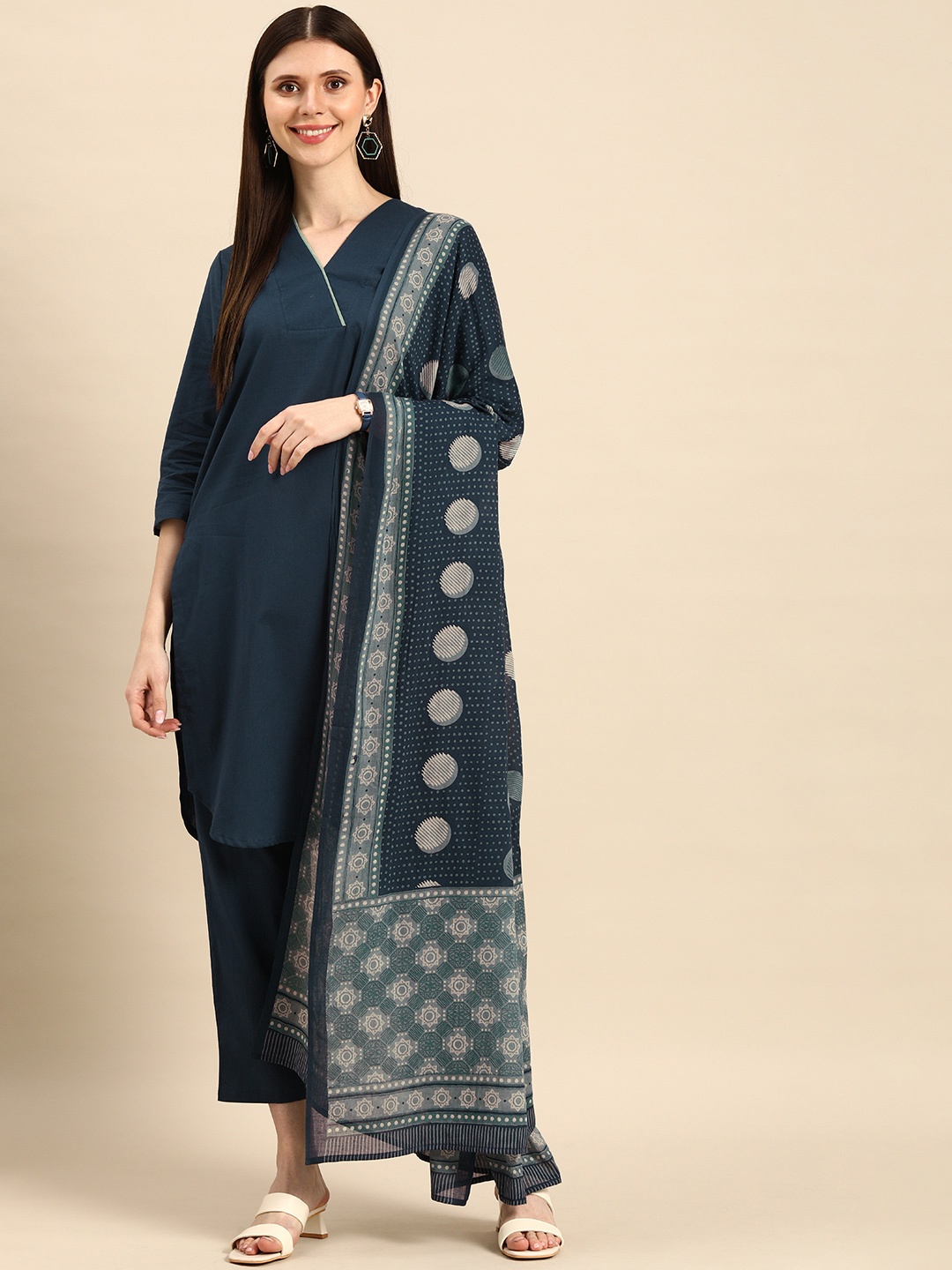 

Anouk Women Navy Blue Pure Cotton Kurta with Trousers & With Dupatta