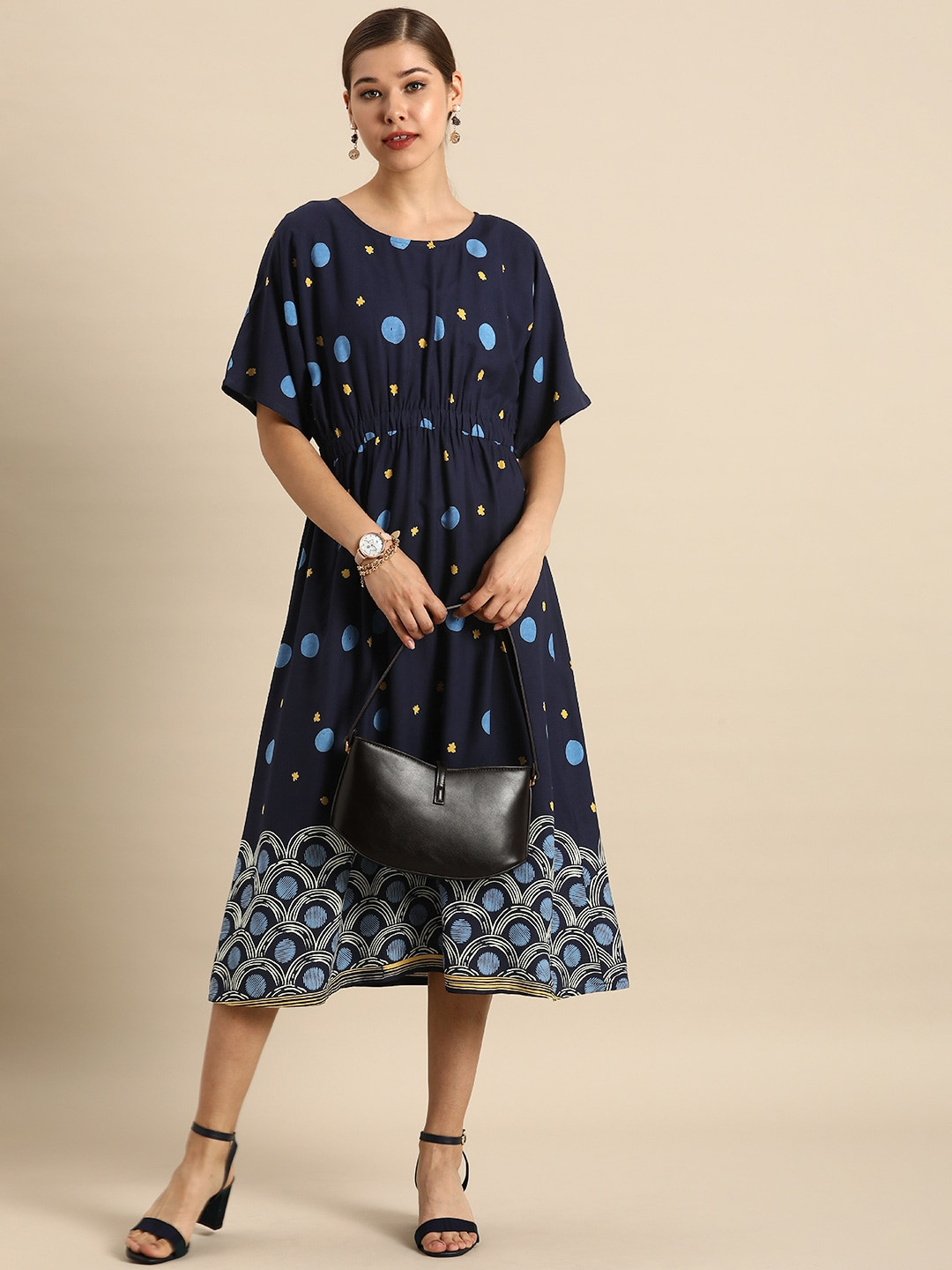 

Anouk Women Navy Blue Printed Ethnic Midi A-Line Dress