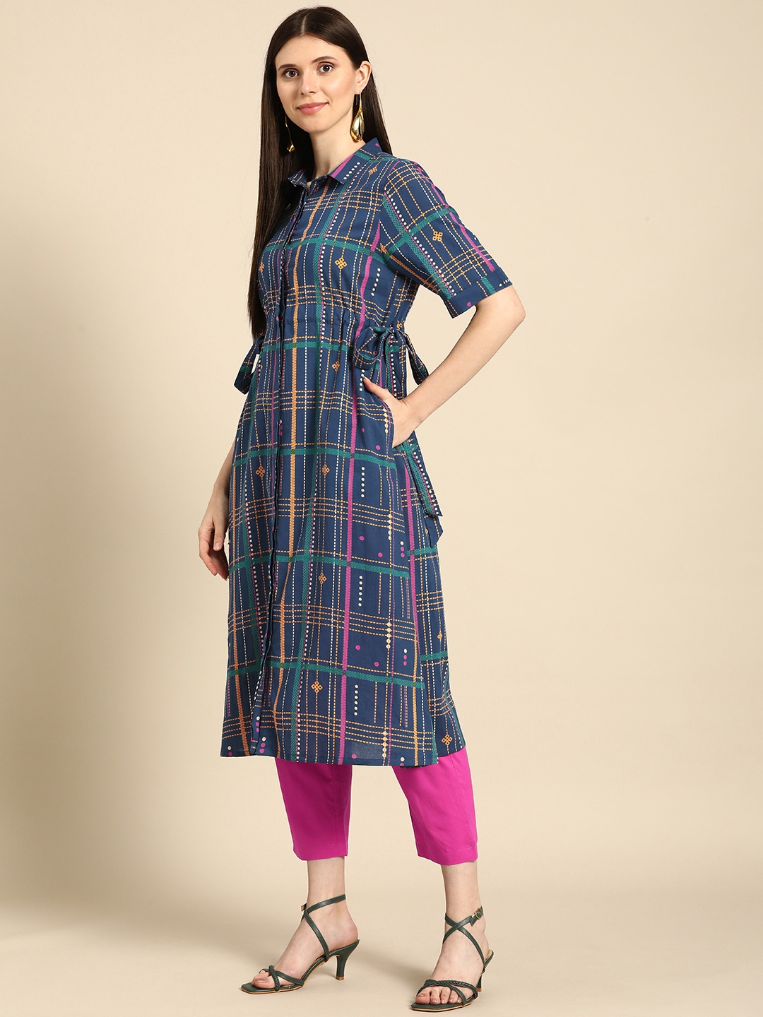 

Anouk Women Navy Blue Checked and Printed Pure Cotton Kurta with Trousers