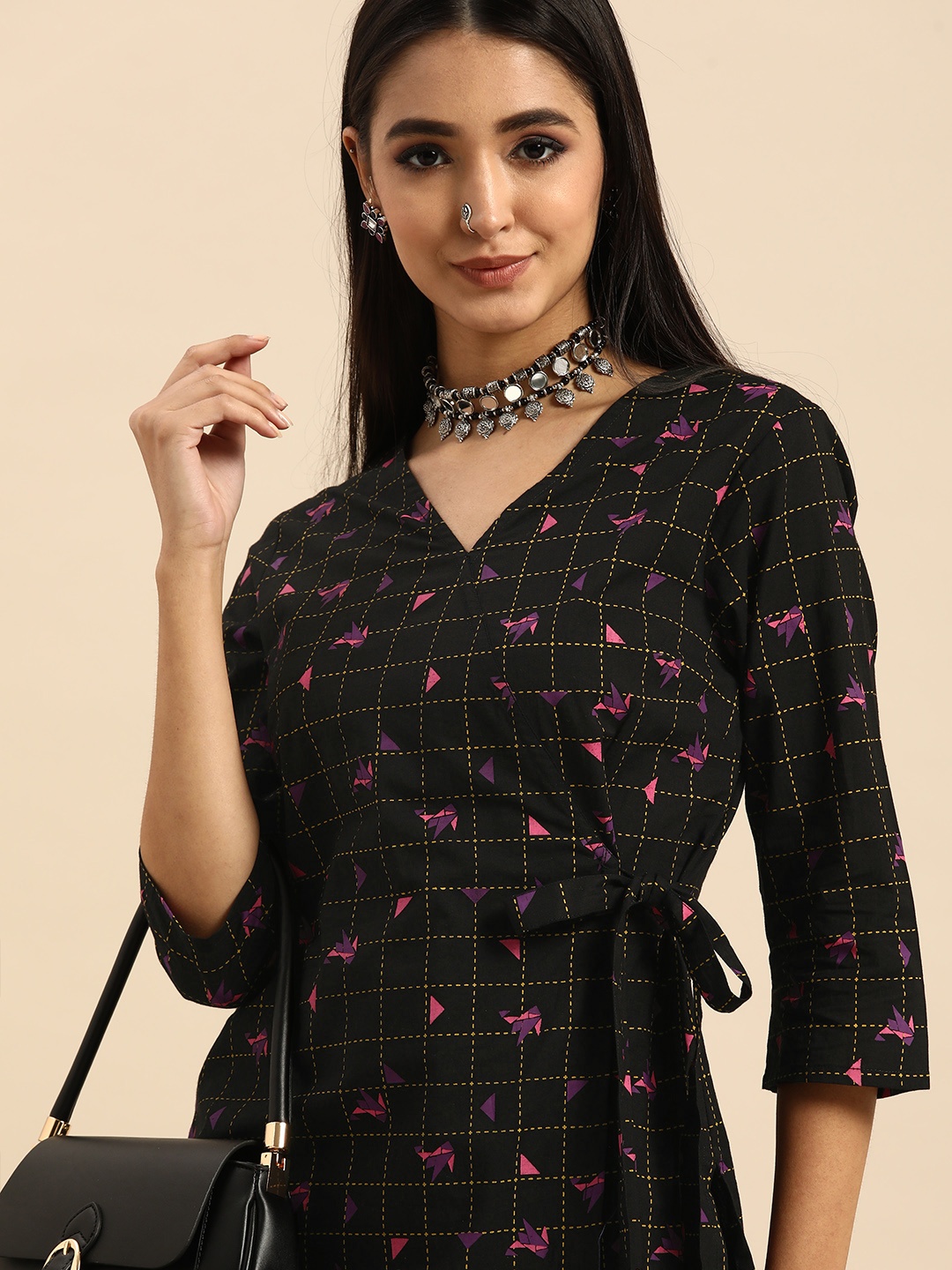 

Anouk Women Black & Pink Checked Pure Cotton Kurta with Trousers