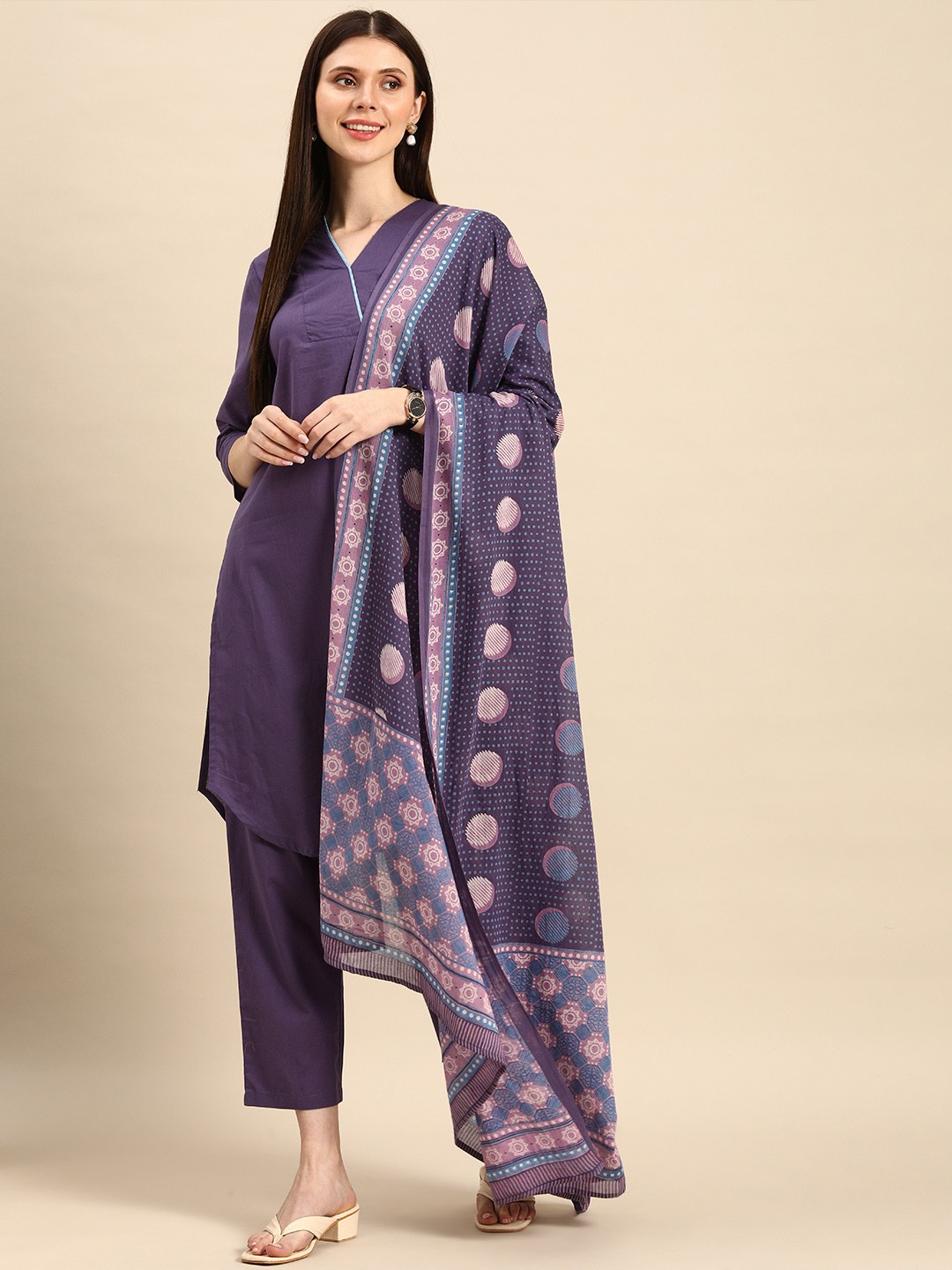 

Anouk Women Purple Pure Cotton Kurta with Trousers & With Dupatta
