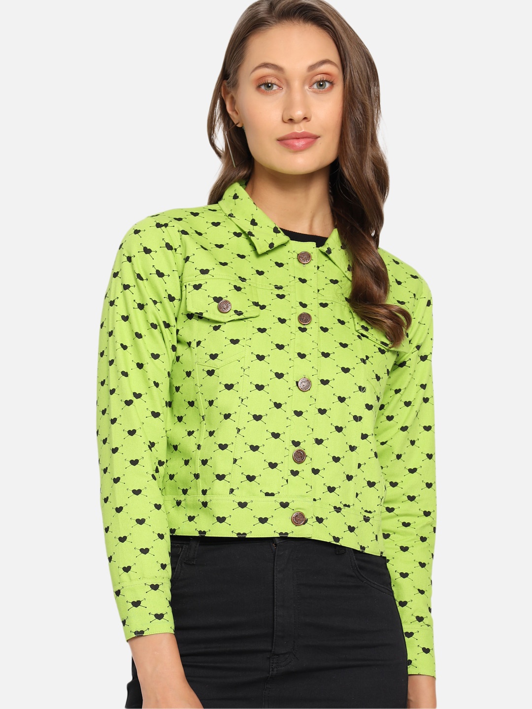 

FurryFlair Women Lime Green Printed Crop Tailored Jacket