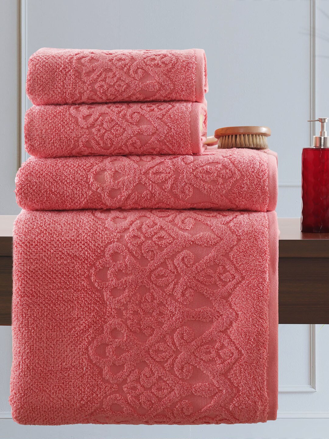 

MASPAR Set Of 4 Peach-Coloured Self Design Pure Cotton 550 GSM Towel Set