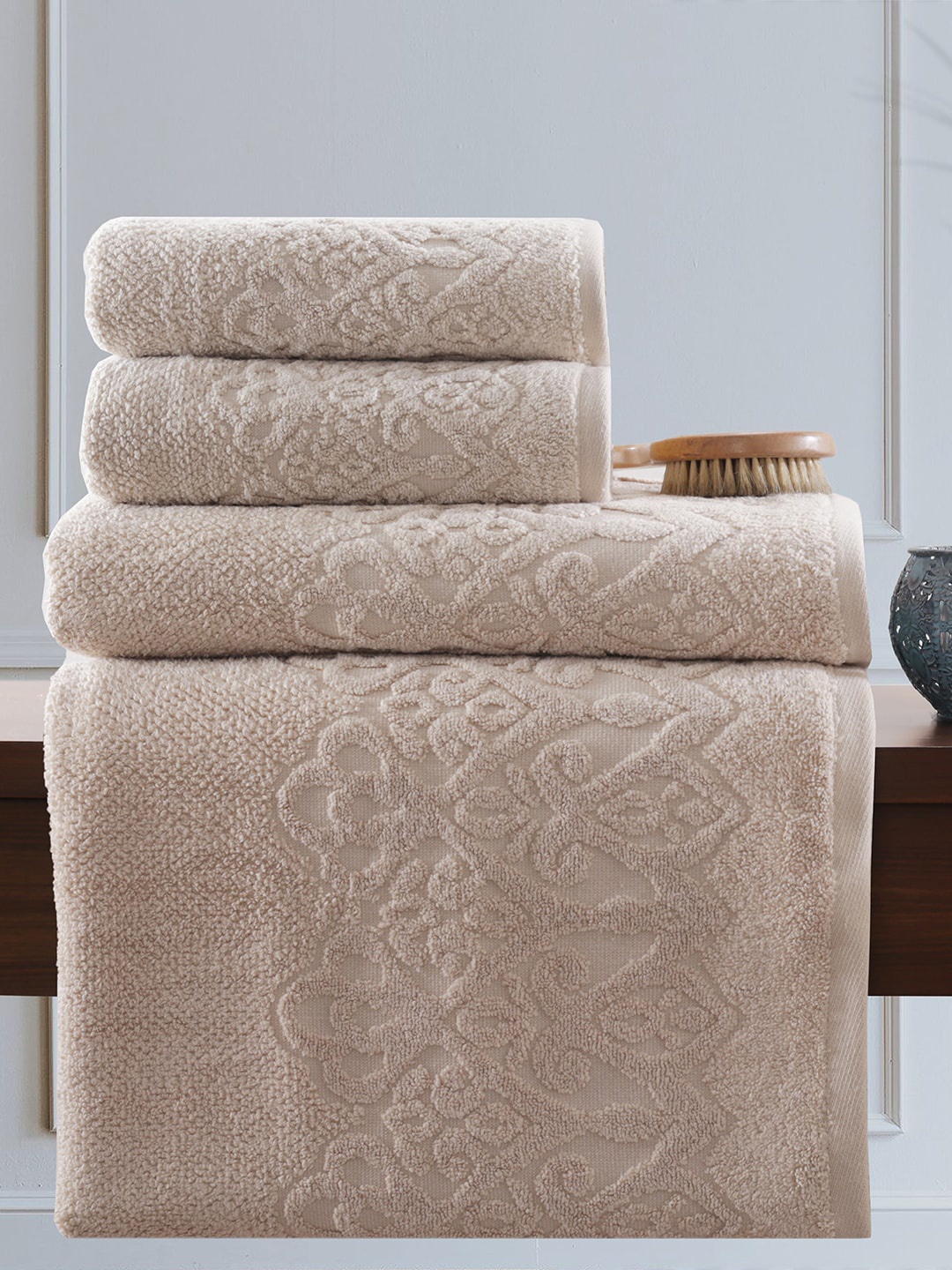 

MASPAR Set Of 4 Beige Textured 550 GSM Pure Cotton Towels Set