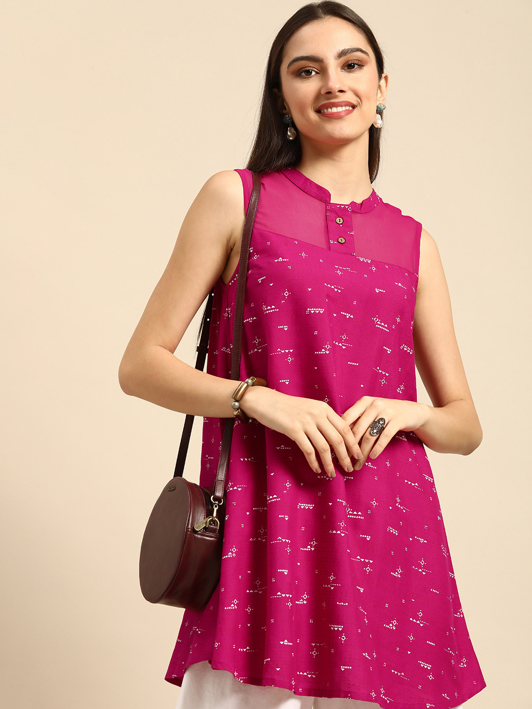 

Anouk Pink Print Mandarin Collar Top