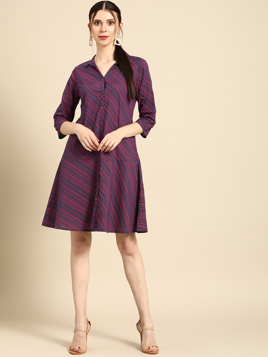 

Anouk Navy Blue & Pink Stripes Printed Casual A-Line Dress