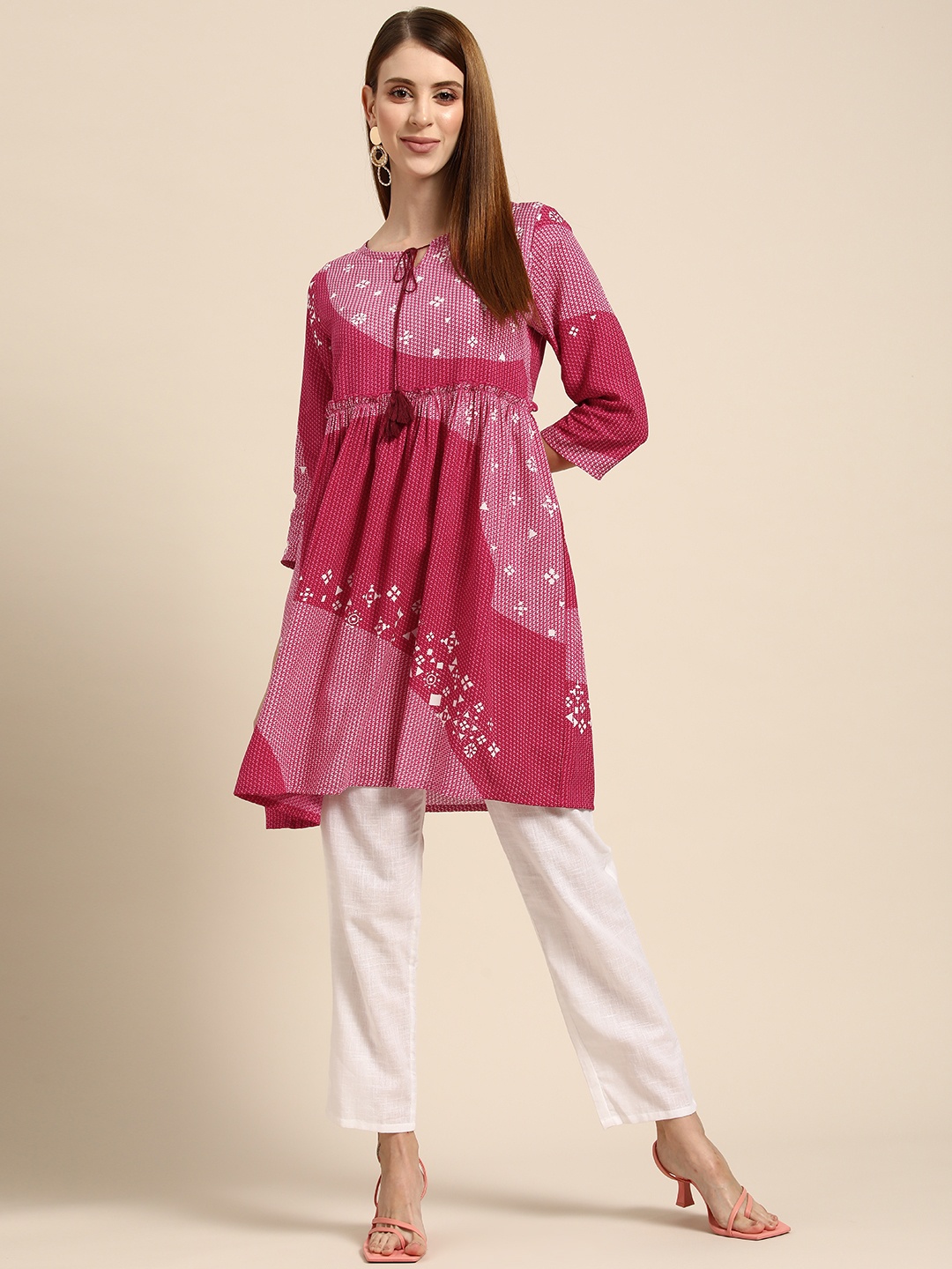 

Anouk Women Pink & White Tie-up Neck Pleated A-line Kurta