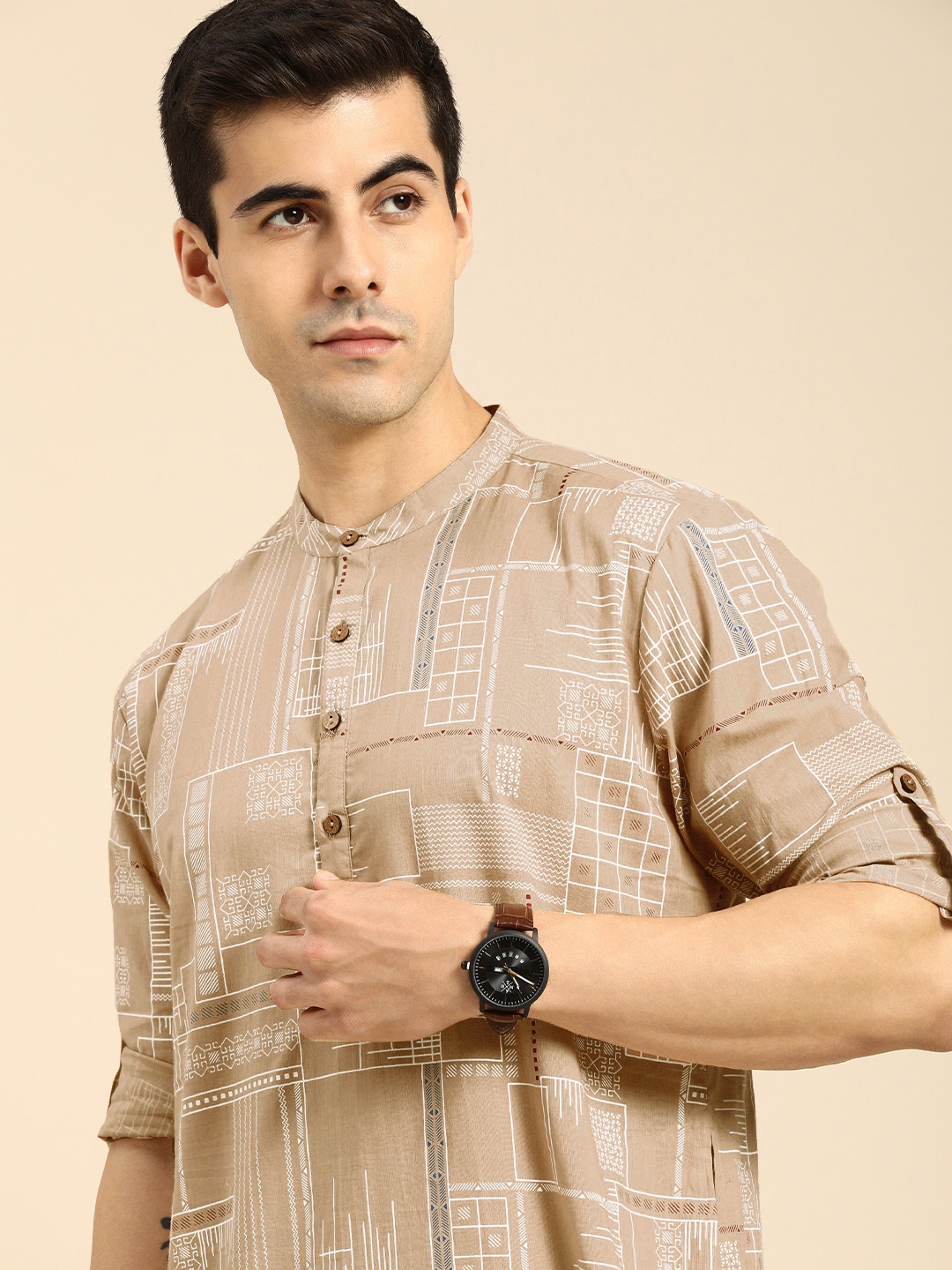 

Anouk Men Beige & White Ethnic Motifs Printed Kurta