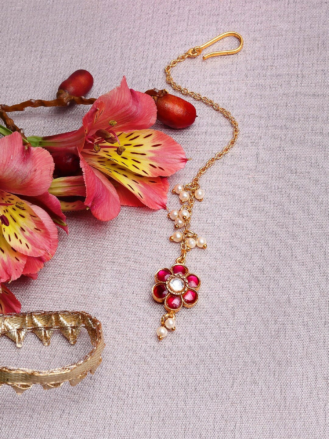

Amaltaas Gold-Plated Red Stone-Studded & Beige Beaded Pearls Maang Tikka