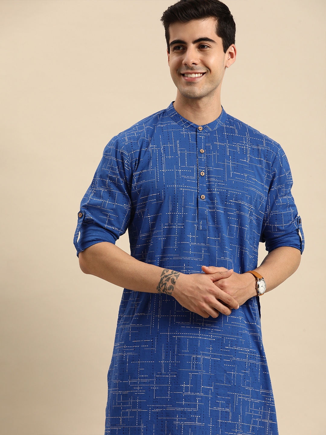 

Anouk Men Blue Geometric Printed Pure Cotton Kurta with Pyjamas