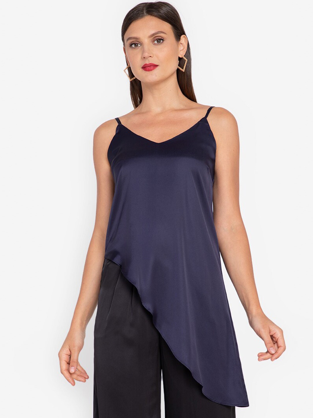 

ZALORA OCCASION Women Navy Blue Solid Asymmetric Satin Cami Top