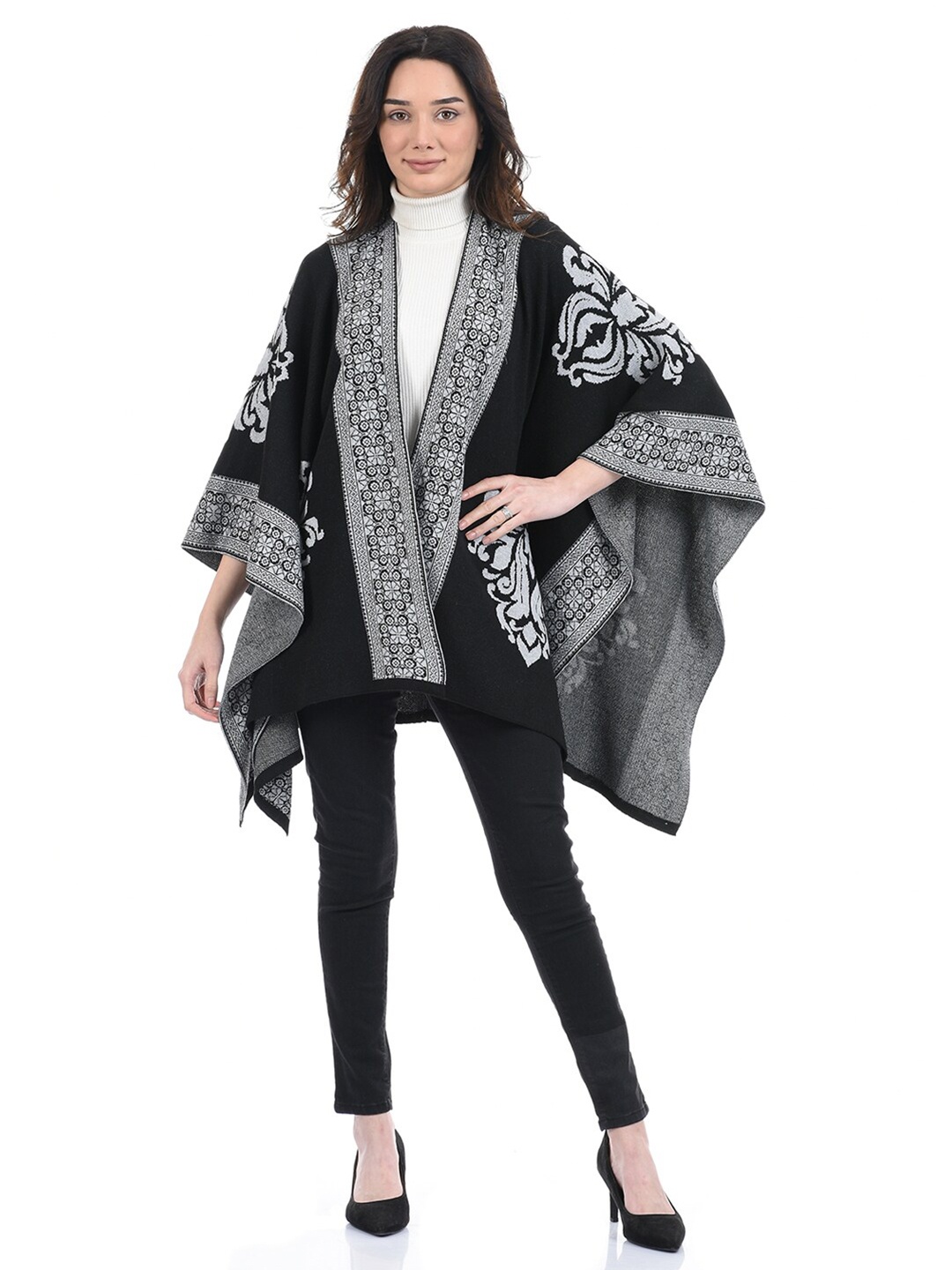 

American Eye Ethnic Printed Open Front Shrug, Black