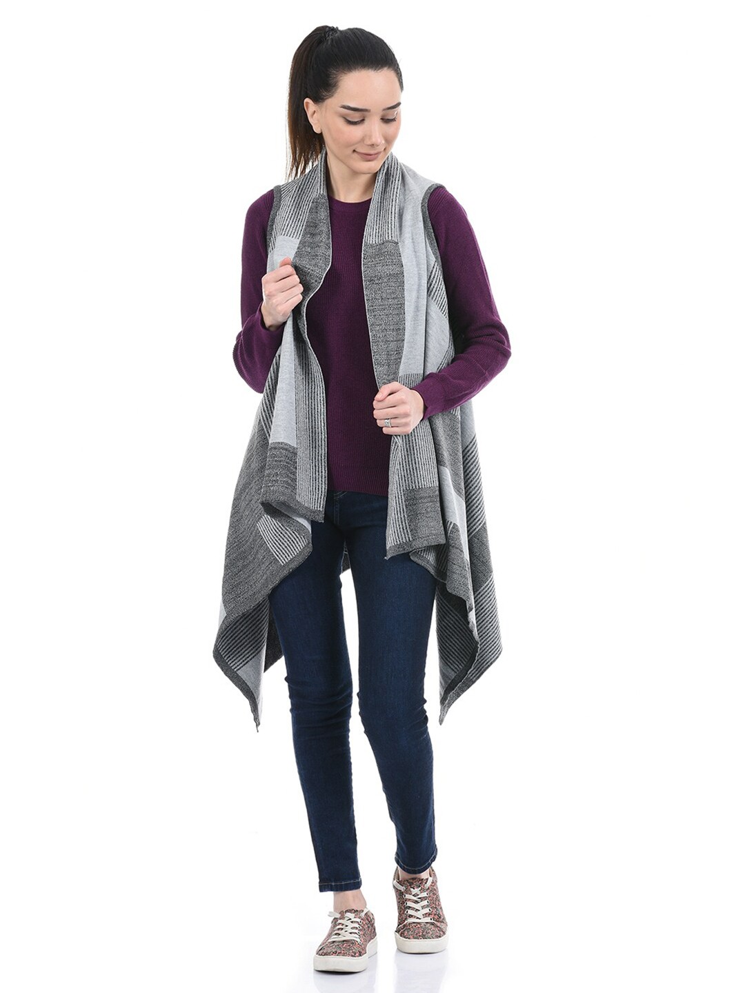 

American Eye Women Grey Printed Acrylic Open Front Shrug