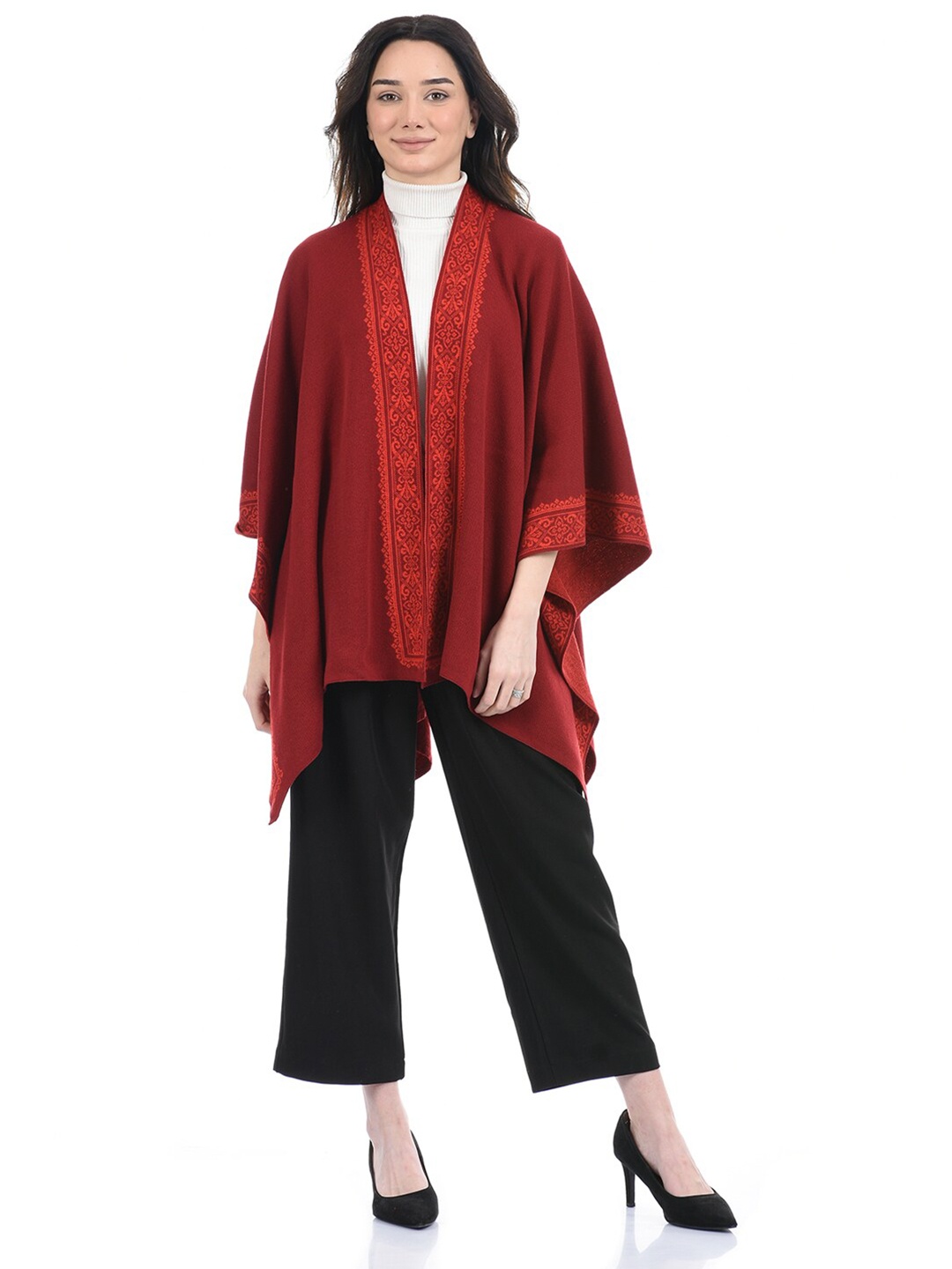 

American Eye Ethnic Printed Open Front Shrug, Maroon