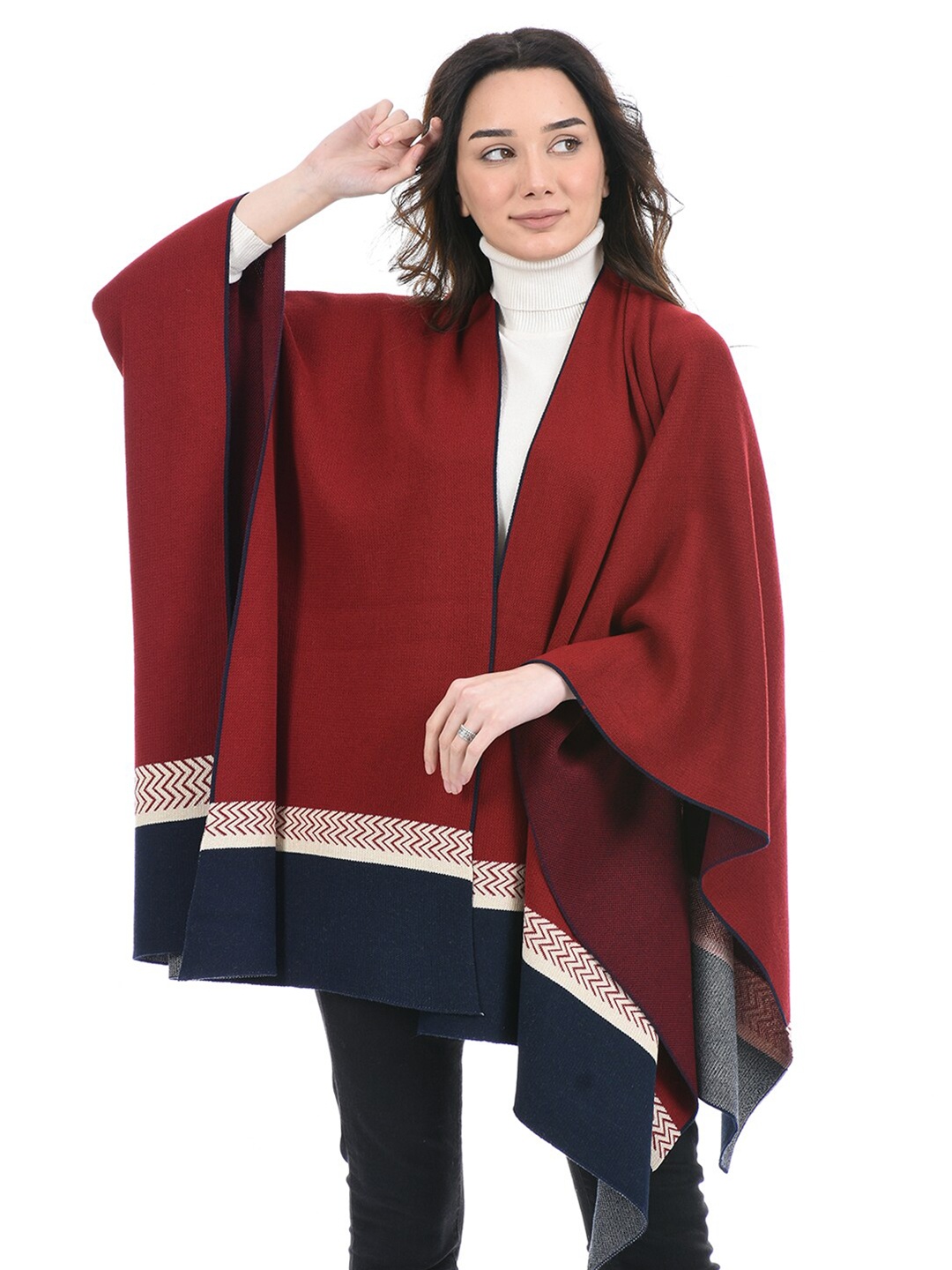 

American Eye Women Maroon & Off White Shrug with High Low Hemline
