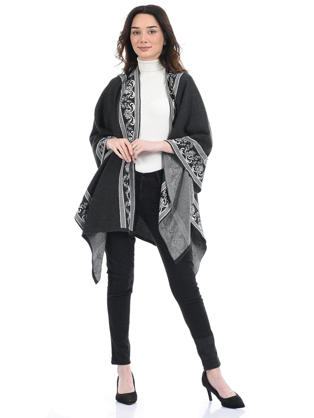 

American Eye Women Grey & Black Printed Front Open High Low Cape Shrug