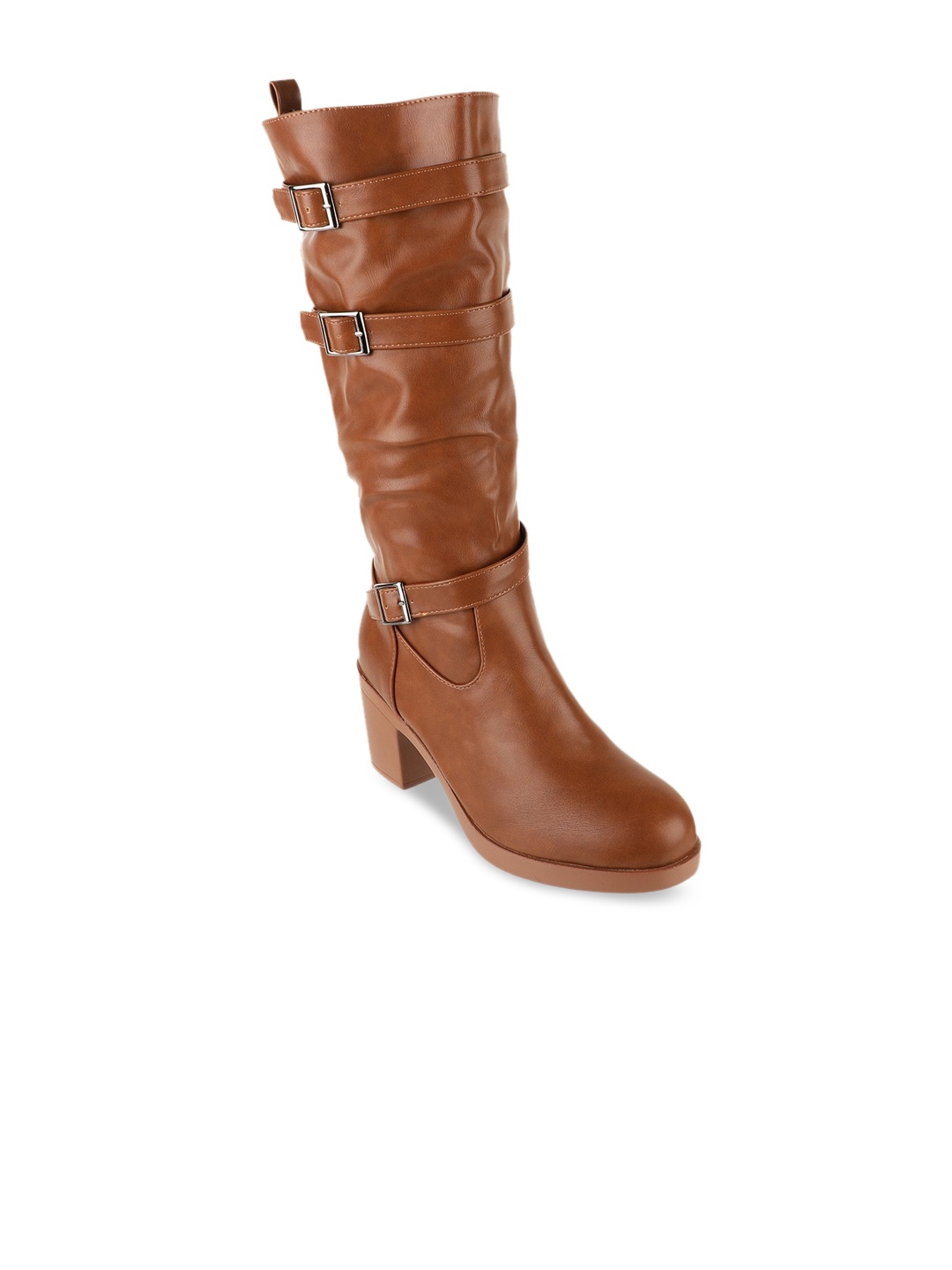 

SHUZ TOUCH Tan PU Block Heeled Boots with Buckles