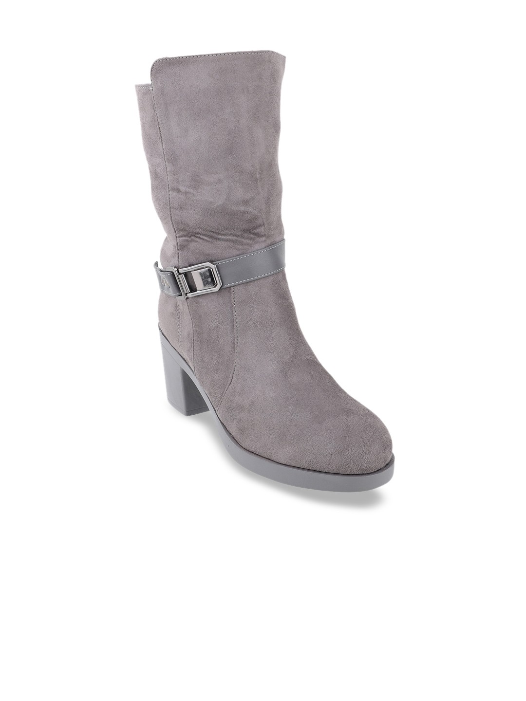 

SHUZ TOUCH Grey PU Block Heeled Mid-Top Boots with Buckles