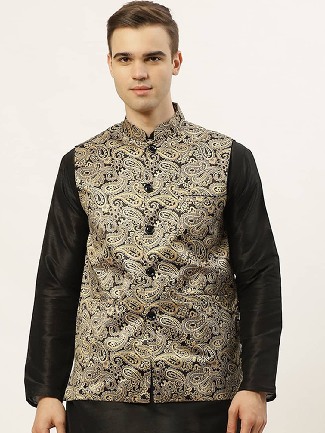 

Jompers Men Gold & Black Printed Waistcoat