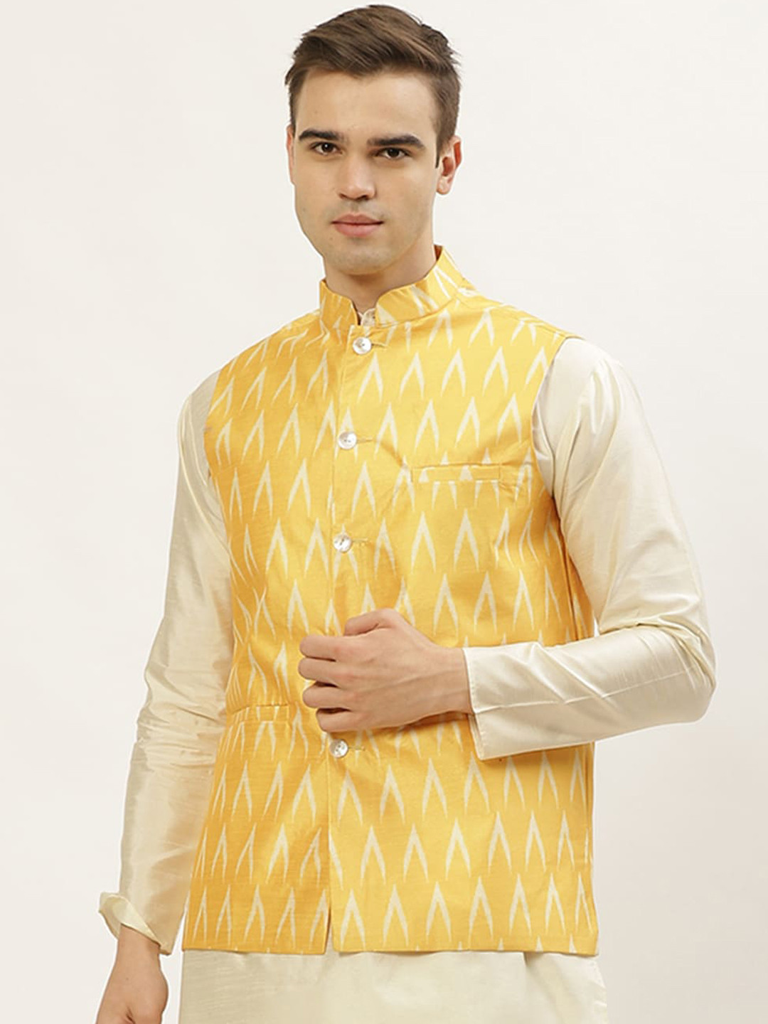 

Jompers Mens Mustard Ethnic Ikkat Waistcoat