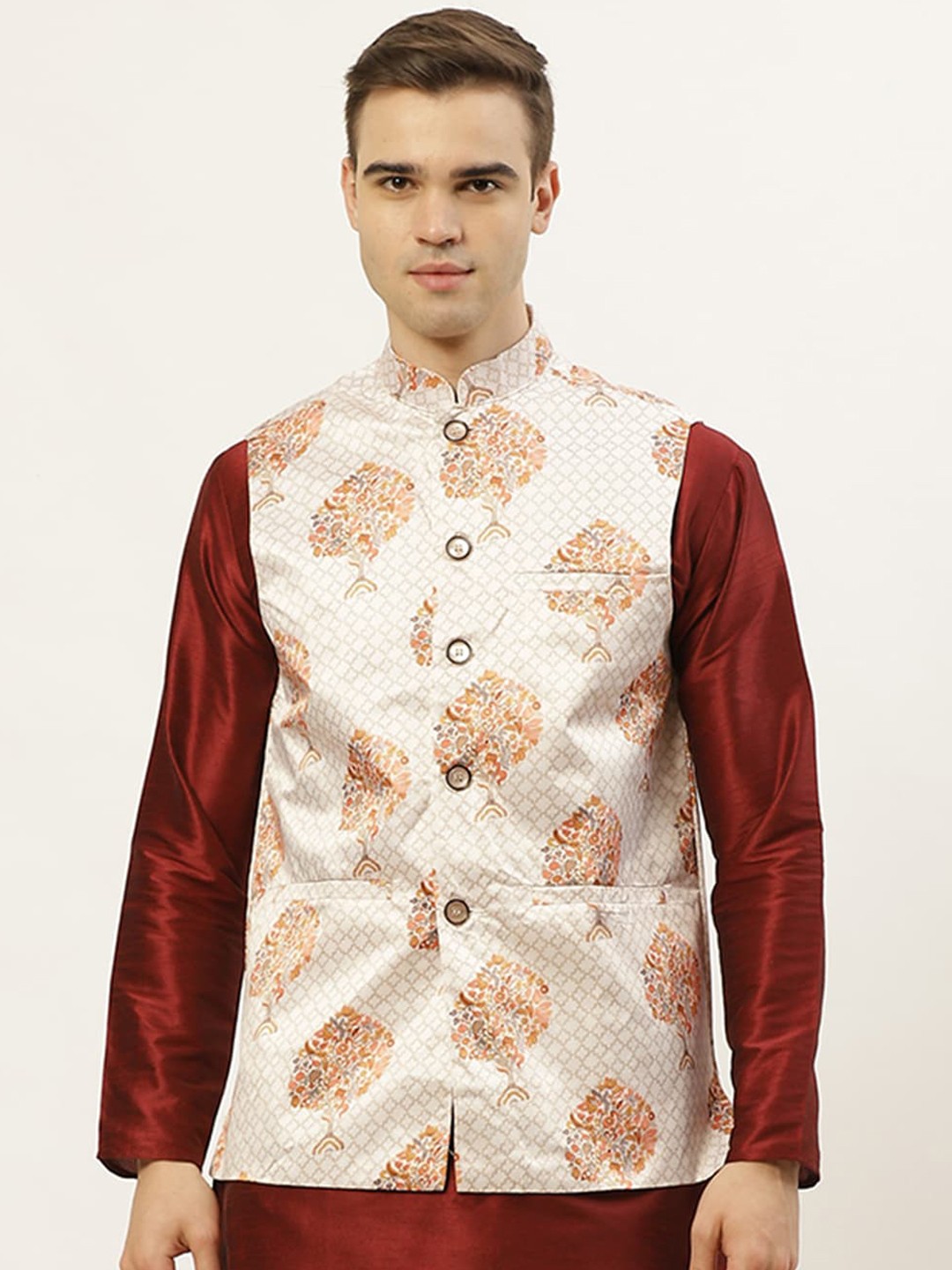 

Jompers Men White Printed Nehru Jacket