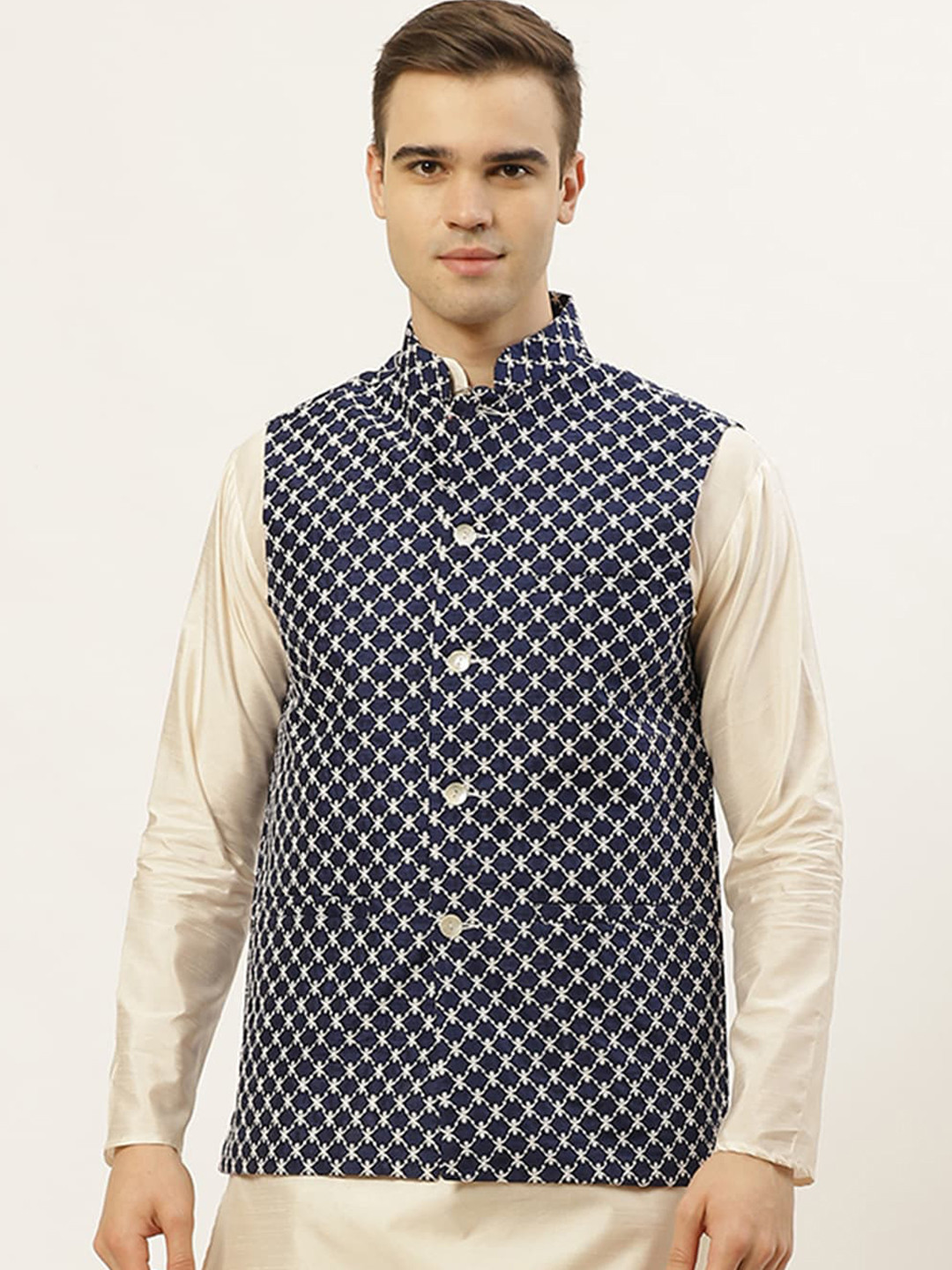 

Jompers Men Navy Blue & White Embroidered Regular Fit Nehru Jacket