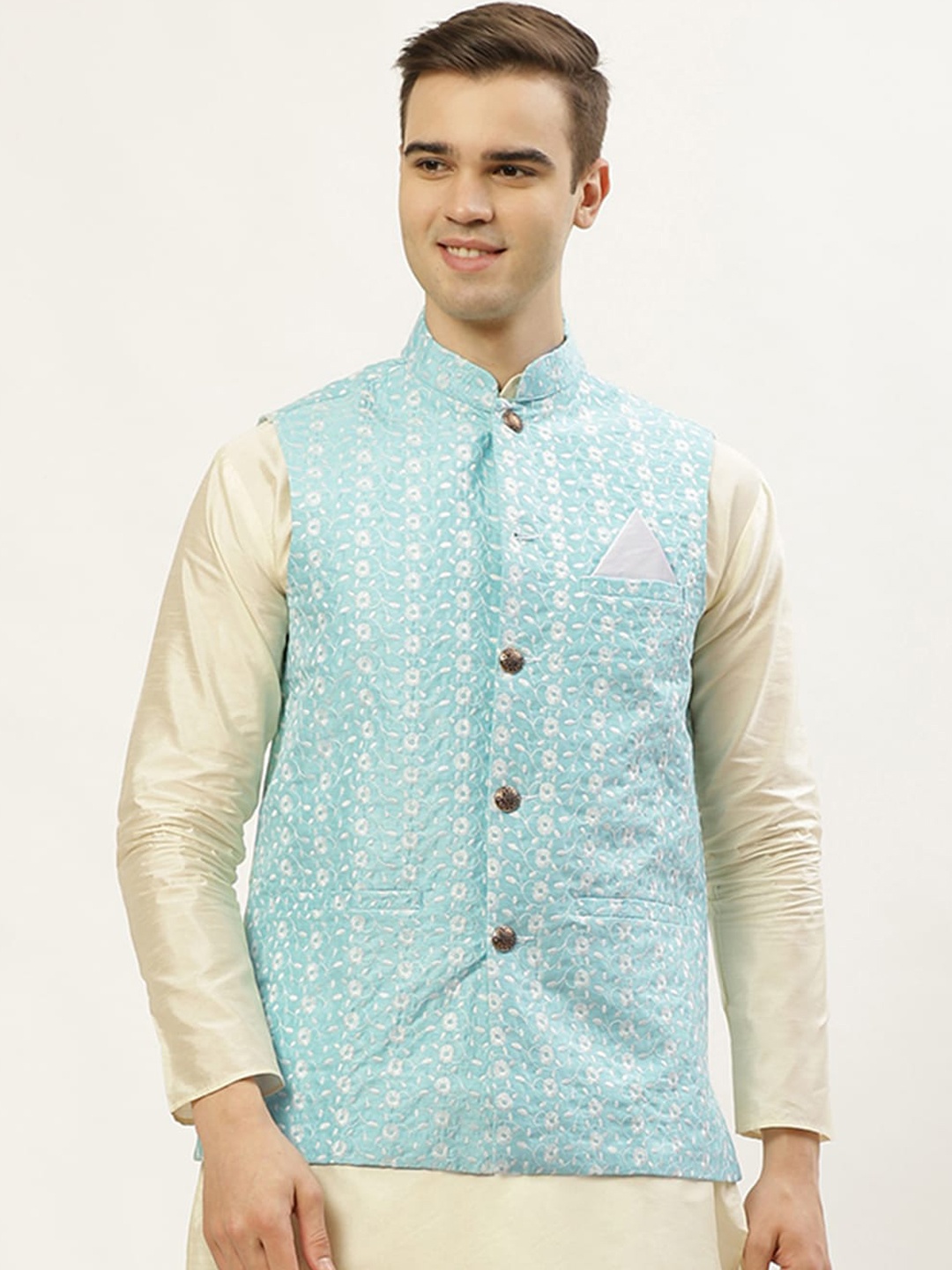 

Jompers Men Blue Embroidered WaistCoat, Turquoise blue