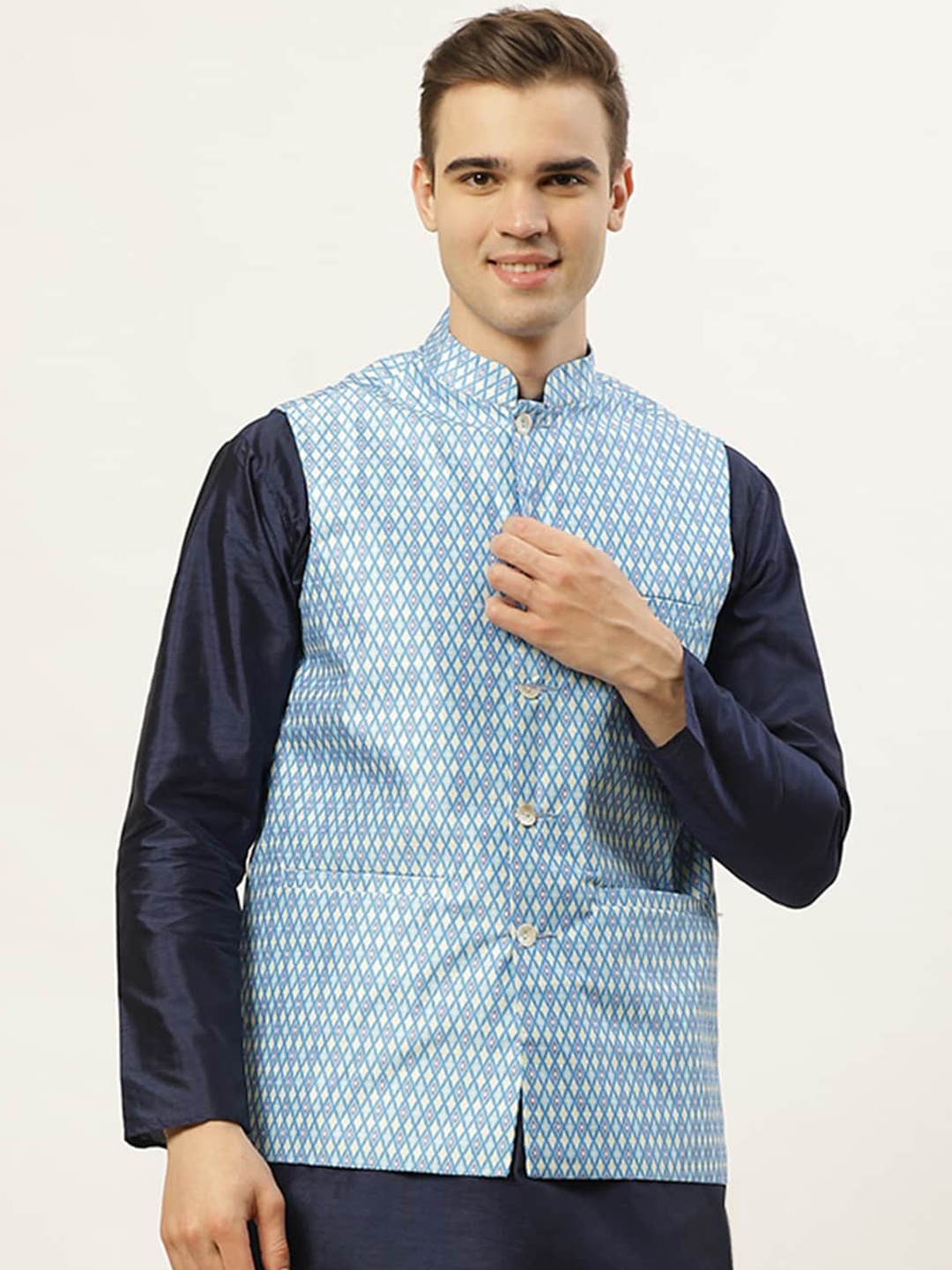 

Jompers Mens Blue Ethnic Ikkat Waistcoat, Turquoise blue